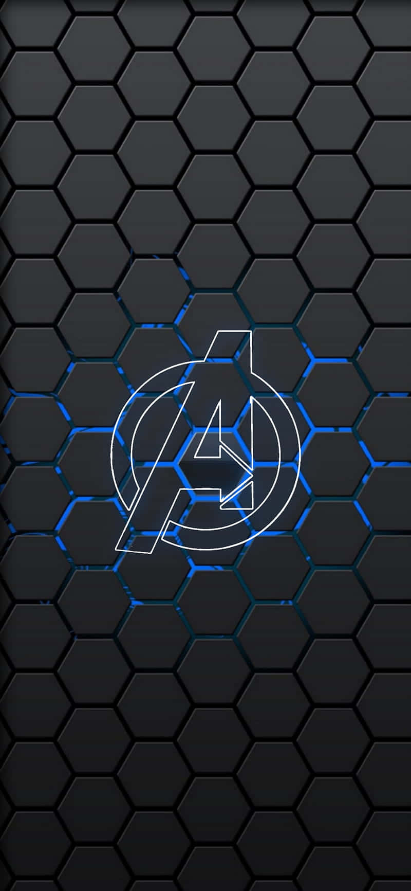 Dark Avengers 桌布 壁紙 — 一個發光的藍色和白色復仇者聯盟標誌，置中在深色六邊形網格圖案壁紙上。