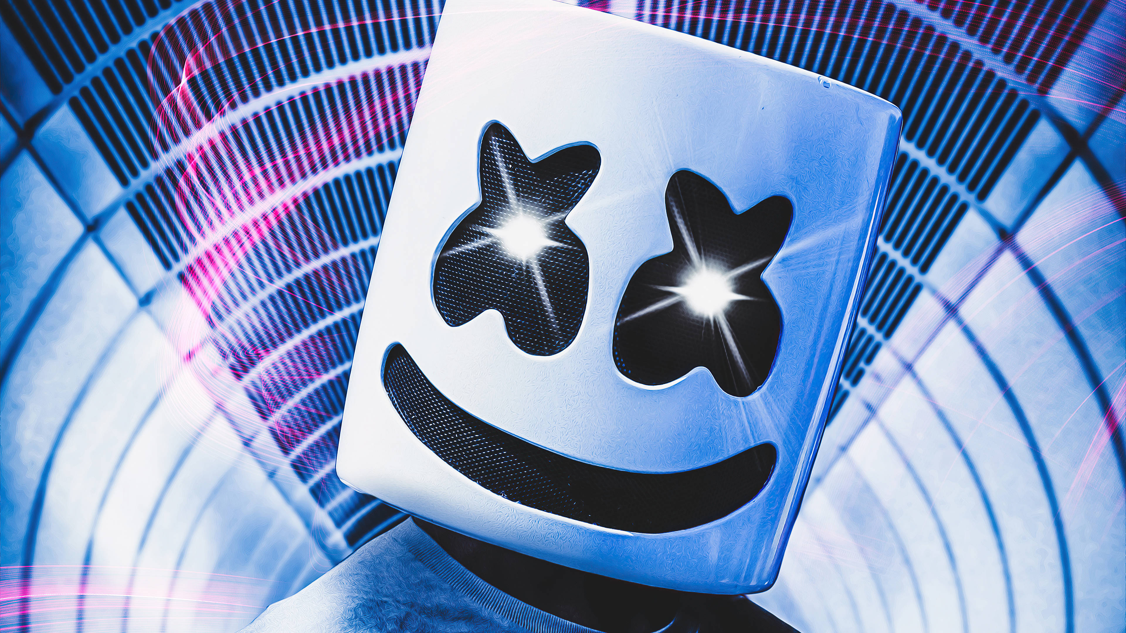 Marshmello 4K 桌布 壁紙 — 一個發光的藍色和粉紅色未來主義面具，帶有星爆眼睛，背景是旋轉的數位隧道。