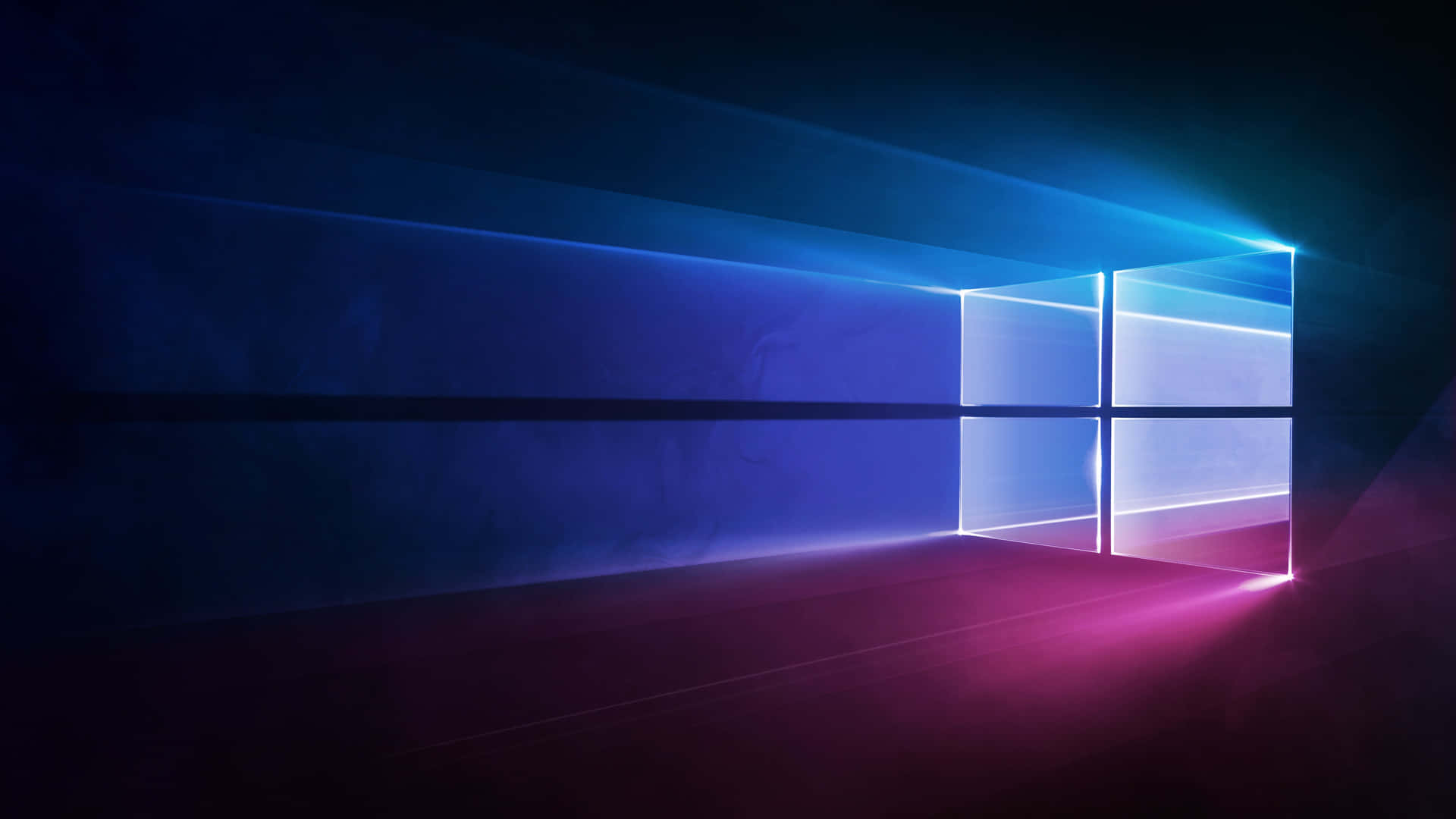 Windows 10 桌布 壁紙 — 一個發光的藍色和粉紅色窗戶標誌在黑暗的抽象數位空間中散發光芒。