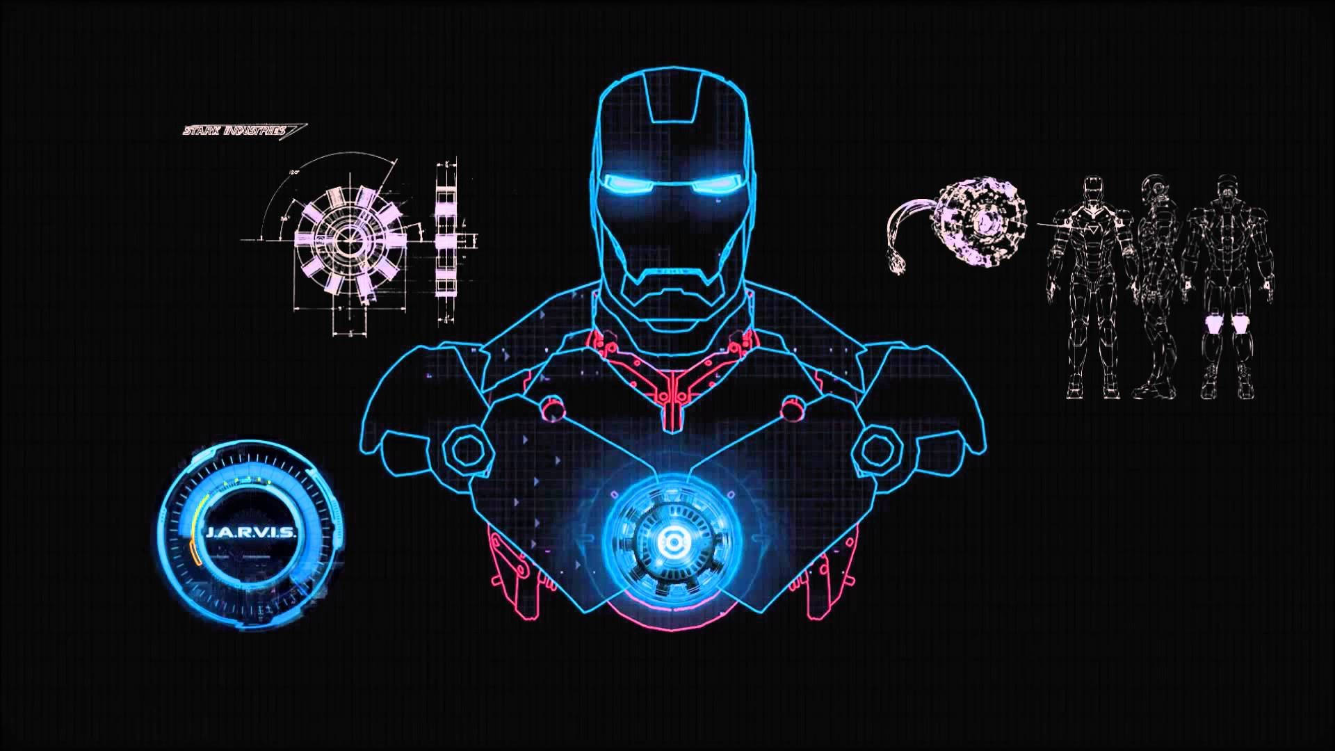 Iron Man Logo 桌布 壁紙 — 一個發光的藍色和粉紅色鋼鐵人全息半身像，周圍環繞著技術圖紙和賈維斯界面，背景為黑色。