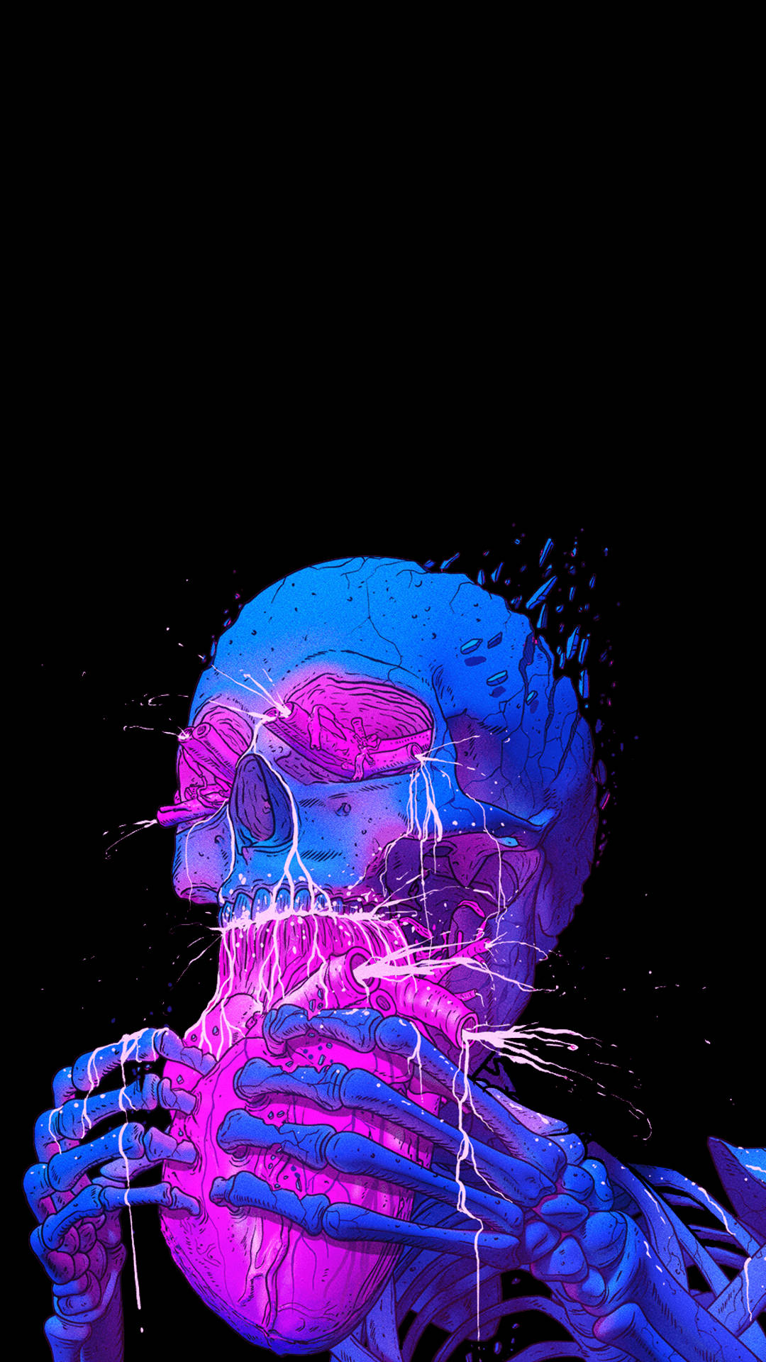 AMOLED 桌布 壁紙 — 一個發光的藍色和粉紅色骷髏人物在黑色虛空中懷抱著一個跳動的心臟，頭骨上有電能噼啪作響。