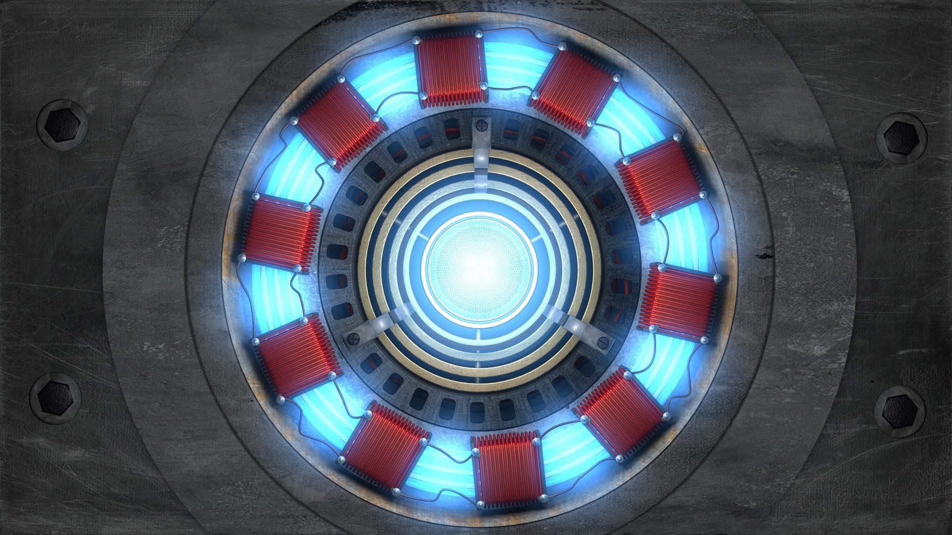Iron Man Arc Reactor 桌布 壁紙 — 一個發光的藍色和紅色圓形電弧反應器，嵌入在帶有同心環和工業螺栓的金屬表面中。