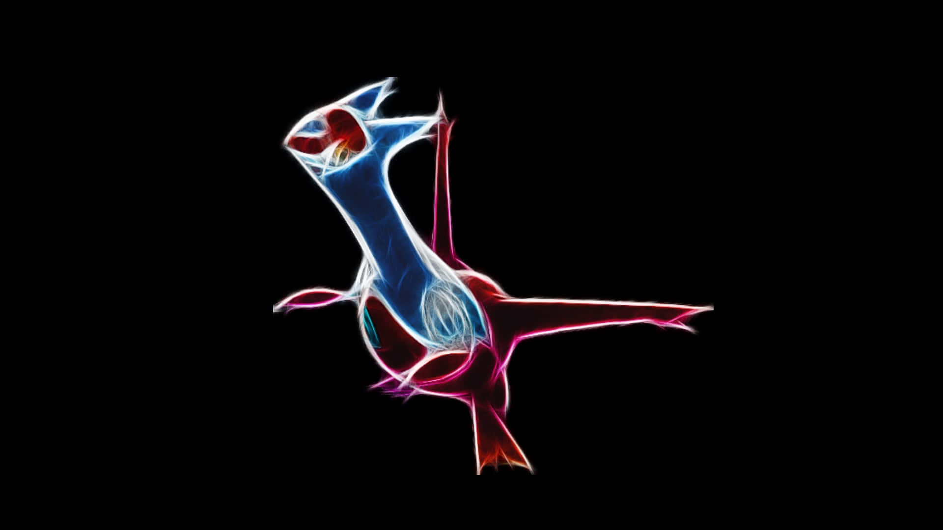 Pokemon Aesthetic 桌布 壁紙 — 一個發光的藍色和紅色寶可夢剪影，以電光勾勒在純黑色背景上。