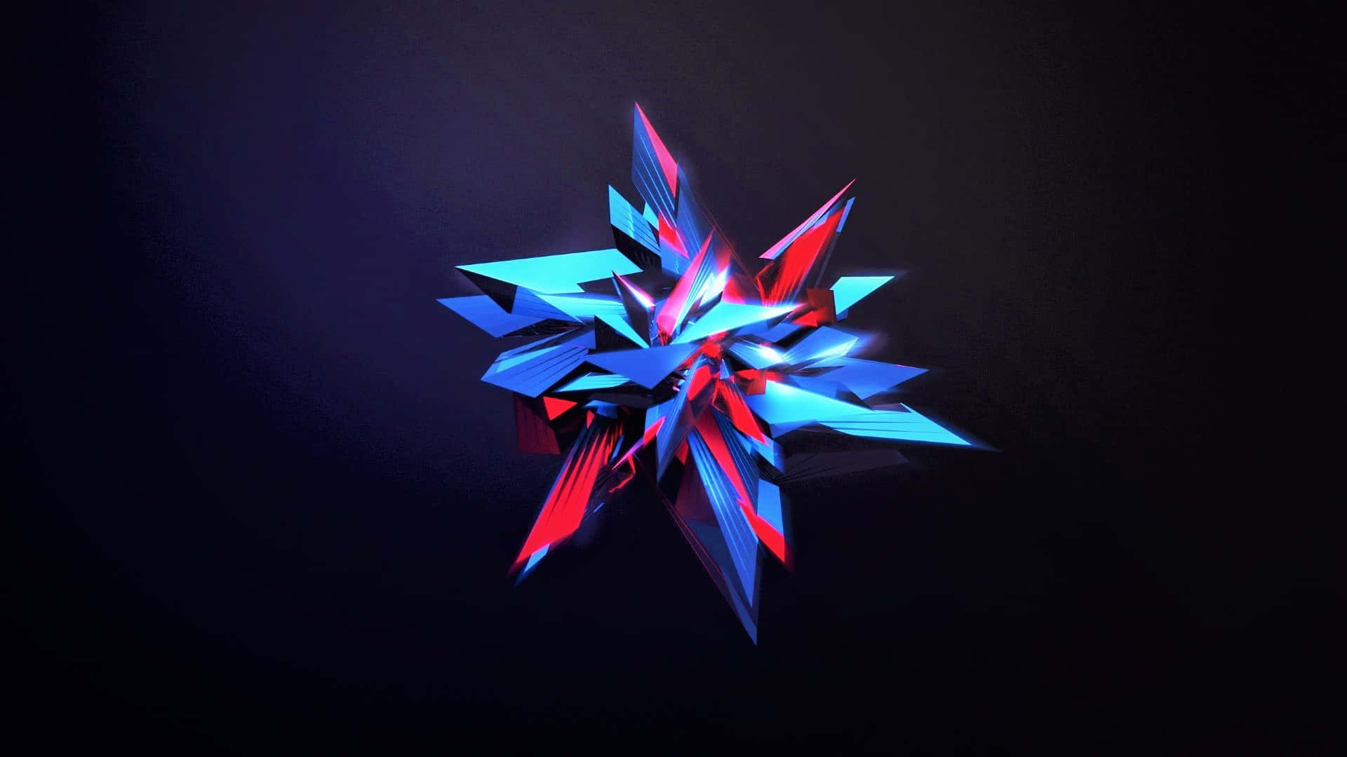 Dark Abstract Art 桌布 壁紙 — 一個發光的藍色和紅色幾何水晶在黑暗背景上爆裂出銳利的刻面。