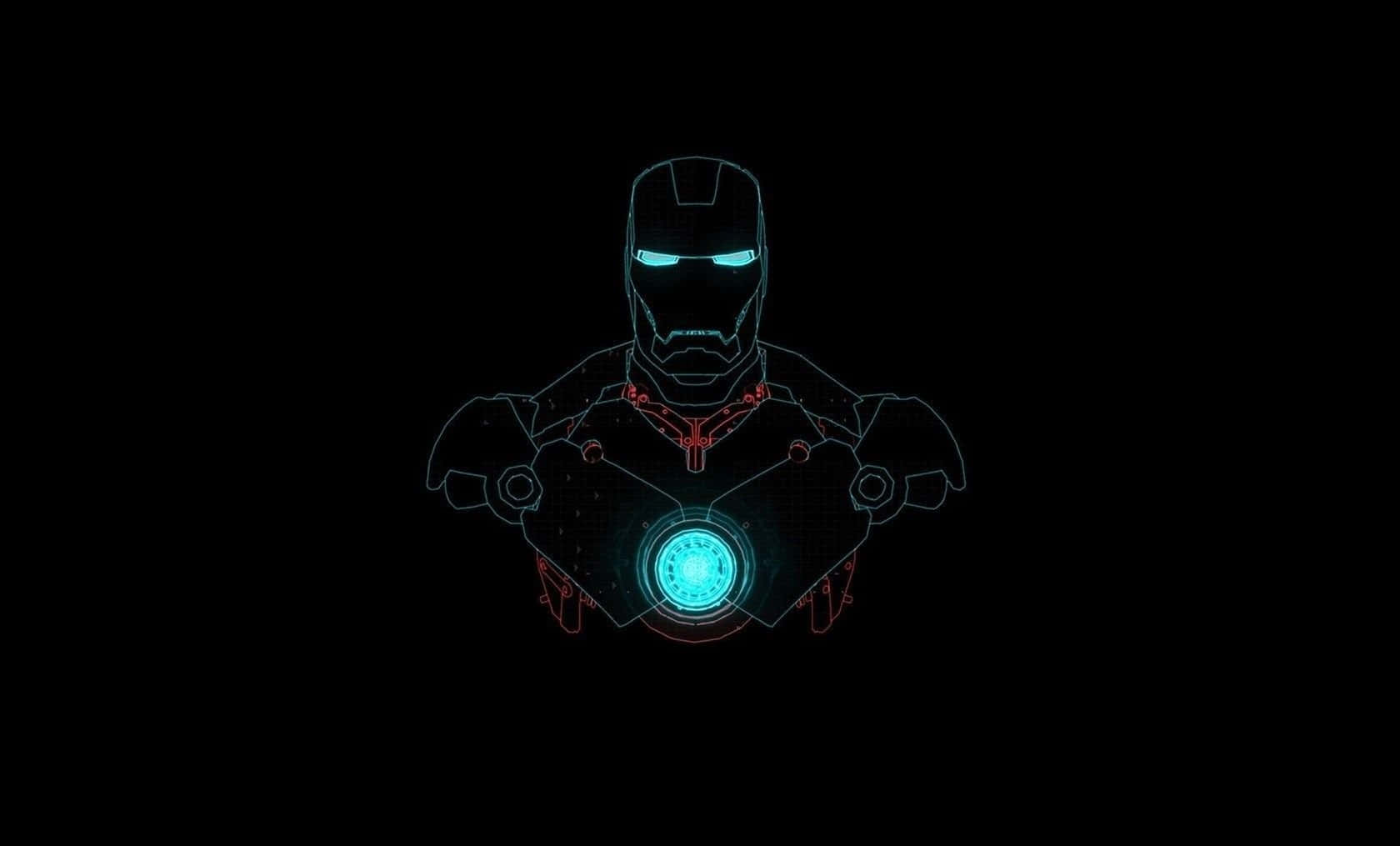 Iron Man Arc Reactor 桌布 壁紙 — 一個發光的藍色和紅色線框鋼鐵人半身像，居中立在漆黑背景上。
