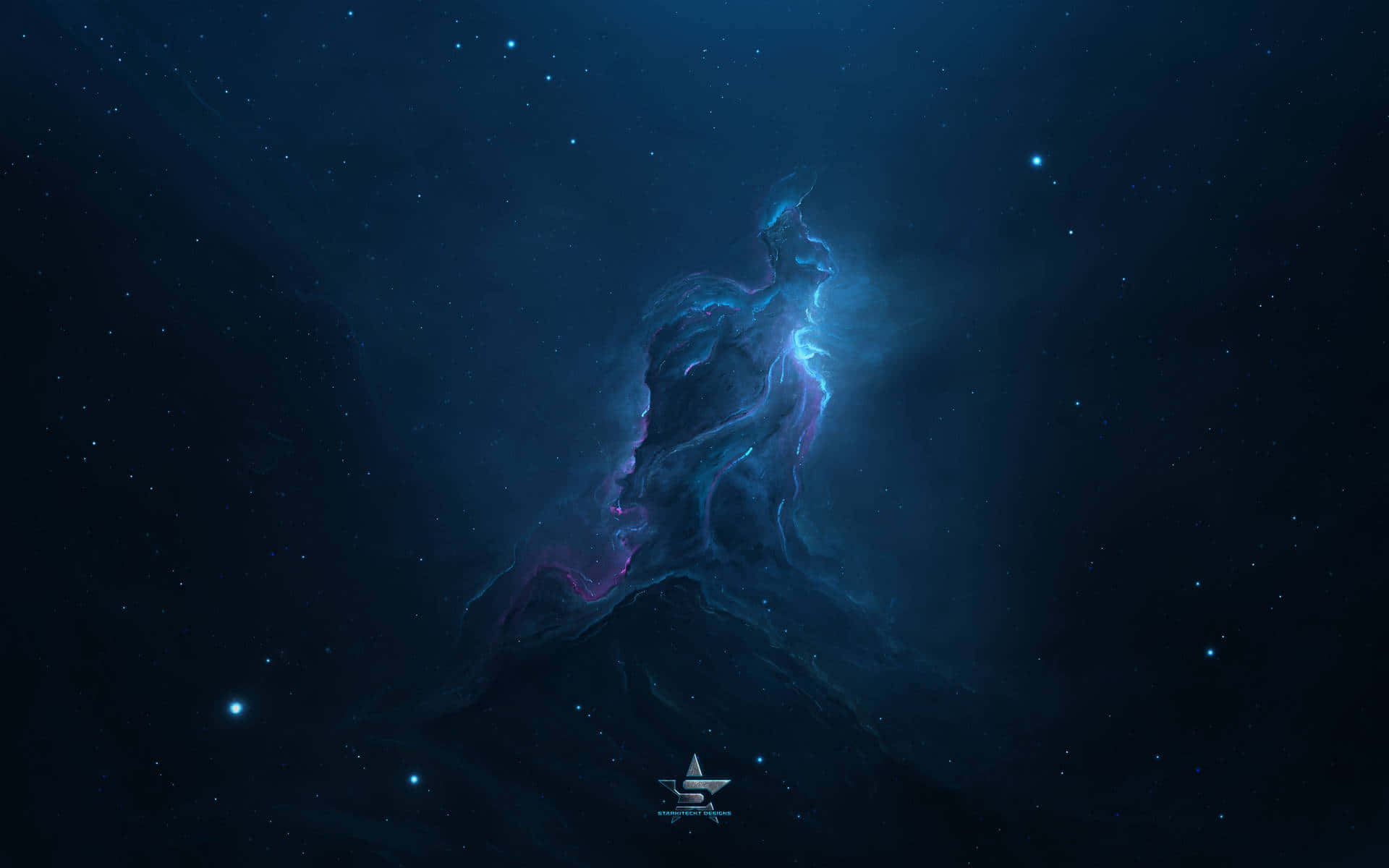 桌布 壁紙 — 一個發光的藍色和紫色宇宙星雲，形狀像一個高聳的人物，從一個佈滿星星的黑暗虛空中出現。