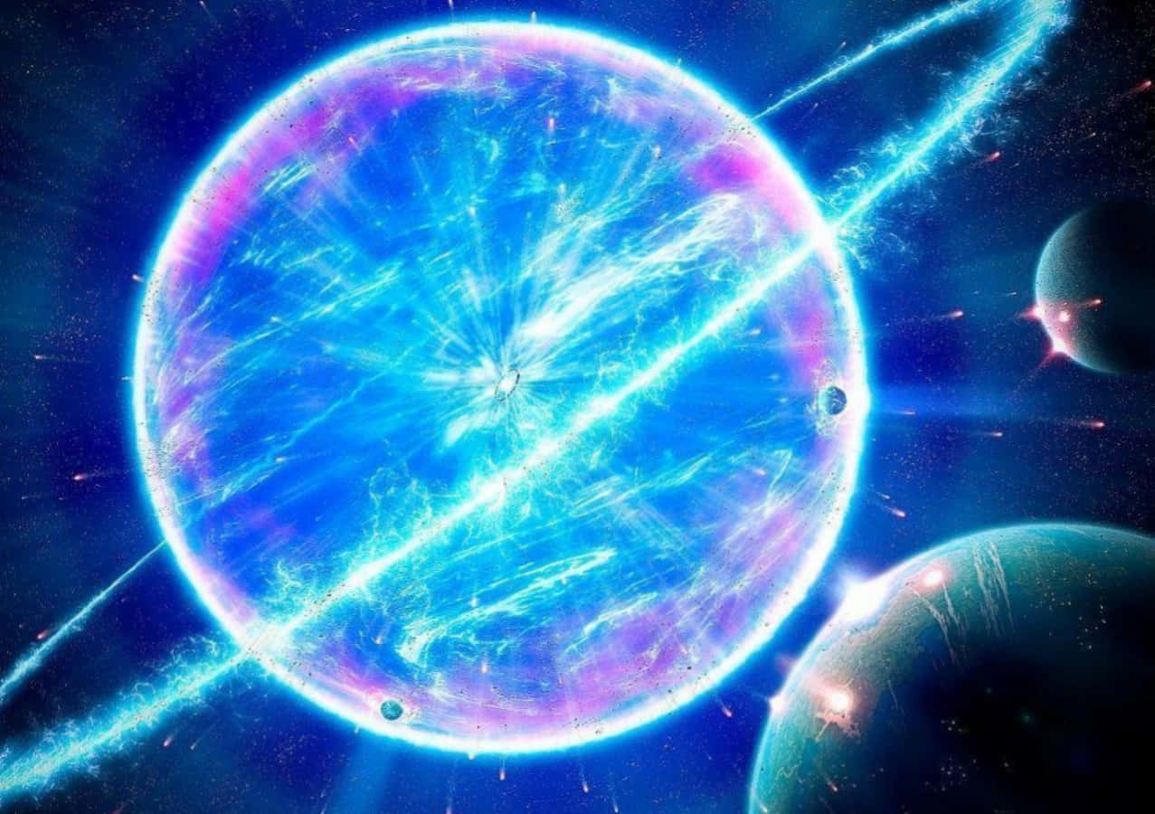 史詩 桌布 壁紙 — 一個發光的藍色和紫色宇宙球體，在星空中脈動著能量光束，周圍有行星環繞。