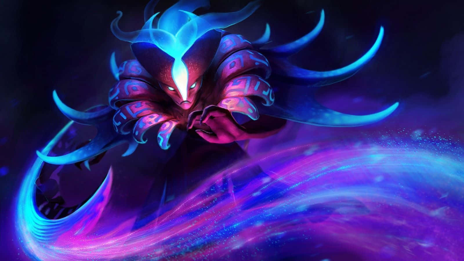 HD Dota 2 桌布 壁紙 — 一個發光的藍色和紫色惡魔形象，帶有鋒利的角和流動的能量流，背景是黑暗的宇宙。