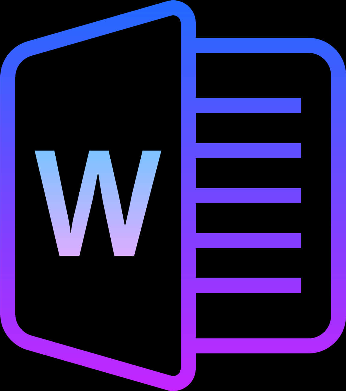 microsoft 桌布 壁紙 — 一個發光的藍色和紫色漸變 Microsoft Word 圖示，帶有粗體 W 和文件線條，背景為黑色。