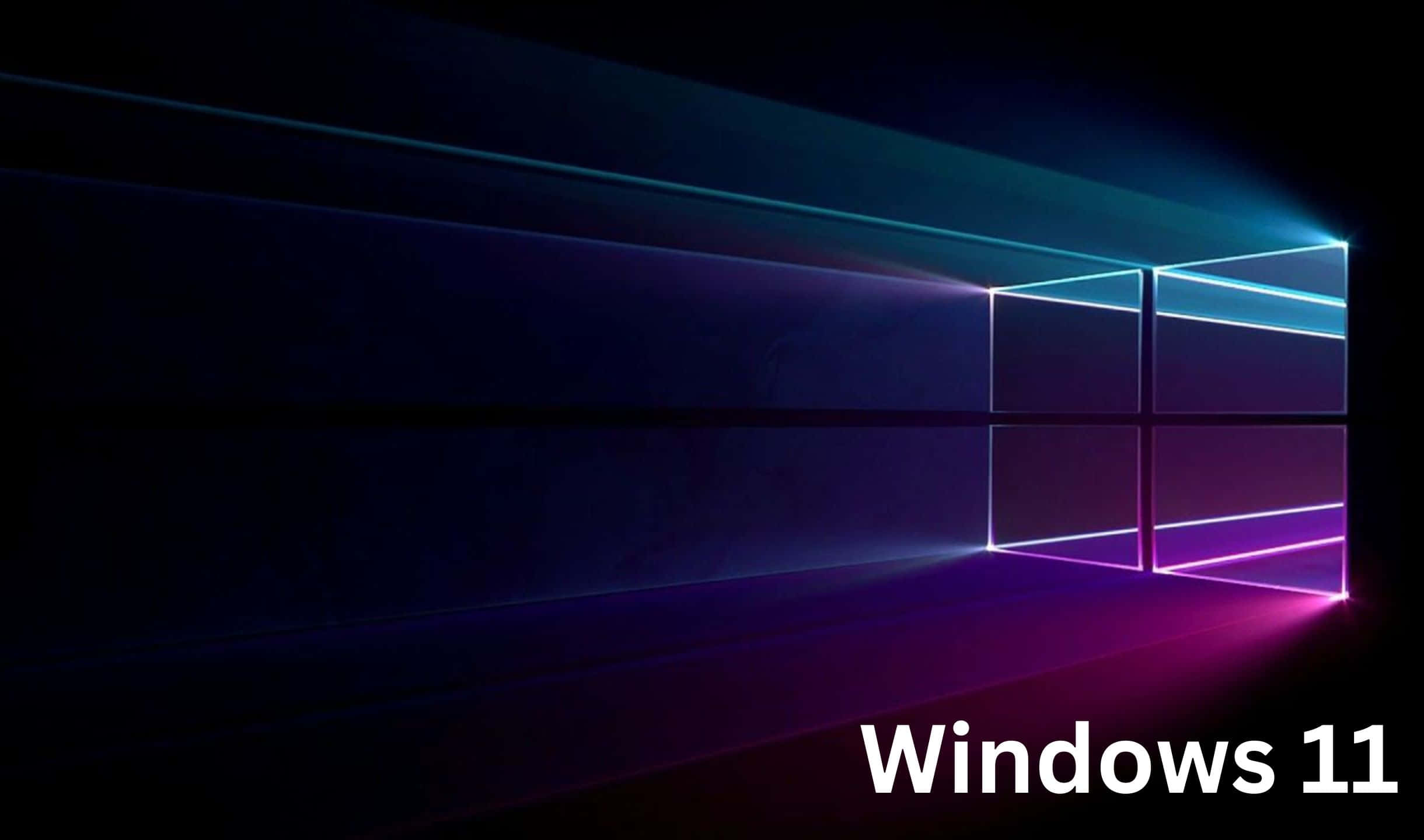 Windows 11 桌布 壁紙 — 一個發光的藍色和紫色視窗標誌在黑暗的抽象數位空間中散發光芒，帶有「Windows 11」文字。