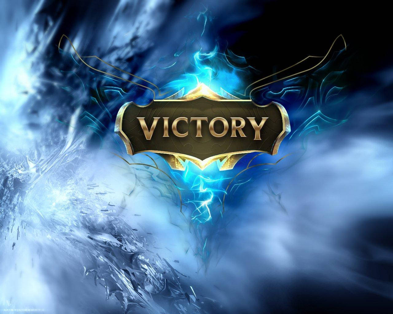 Victory 桌布 壁紙 — 一個發光的藍色和金色 'VICTORY' 標誌，在暴風雪般的冰背景和噼啪作響的閃電效果中散發能量。