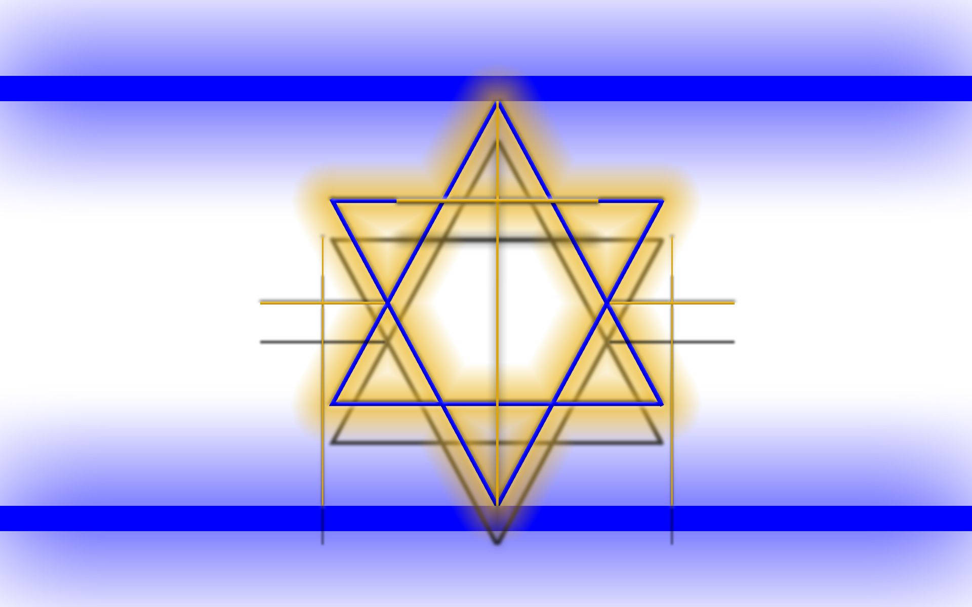 Israel Flag 桌布 壁紙 — 一個發光的藍色和金色大衛之星，位於帶有藍色條紋的白色背景中央，並覆蓋著幾何網格線。