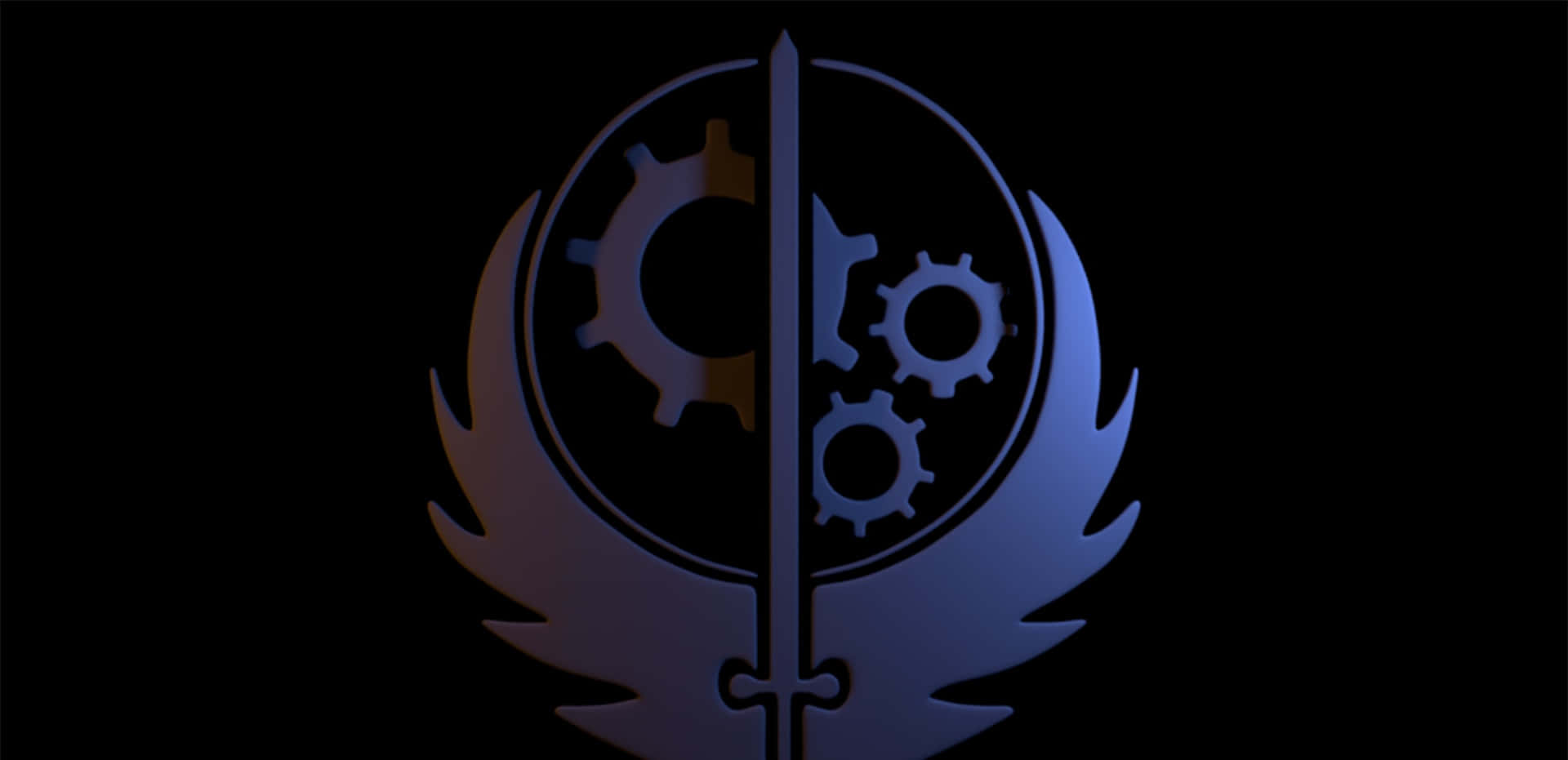 Fallout Brotherhood Of Steel 桌布 壁紙 — 一個發光的藍色和金色徽章，帶有齒輪和劍，背景為黑色。
