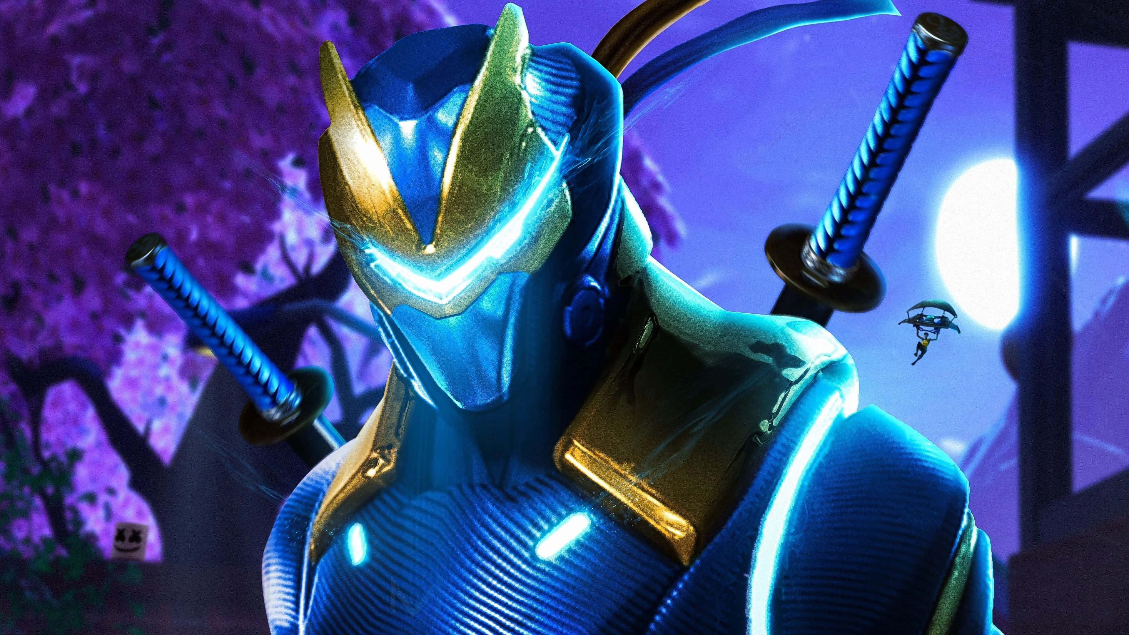 Fortnite 桌布 壁紙 — 一個發光的藍色和金色裝甲忍者戰士，手持兩把劍，夜晚站在紫色櫻花樹下。
