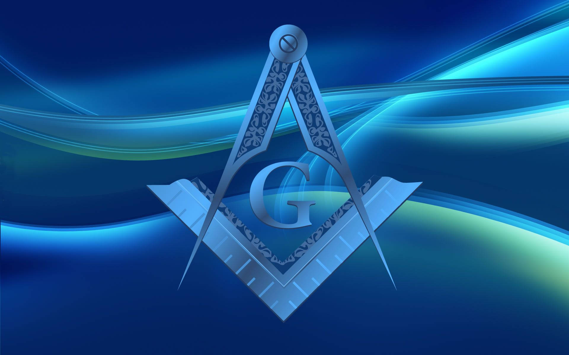 illuminati 桌布 壁紙 — 一個發光的藍色和銀色共濟會方矩與圓規符號，中央有「G」，以動態抽象藍色波浪背景襯托。