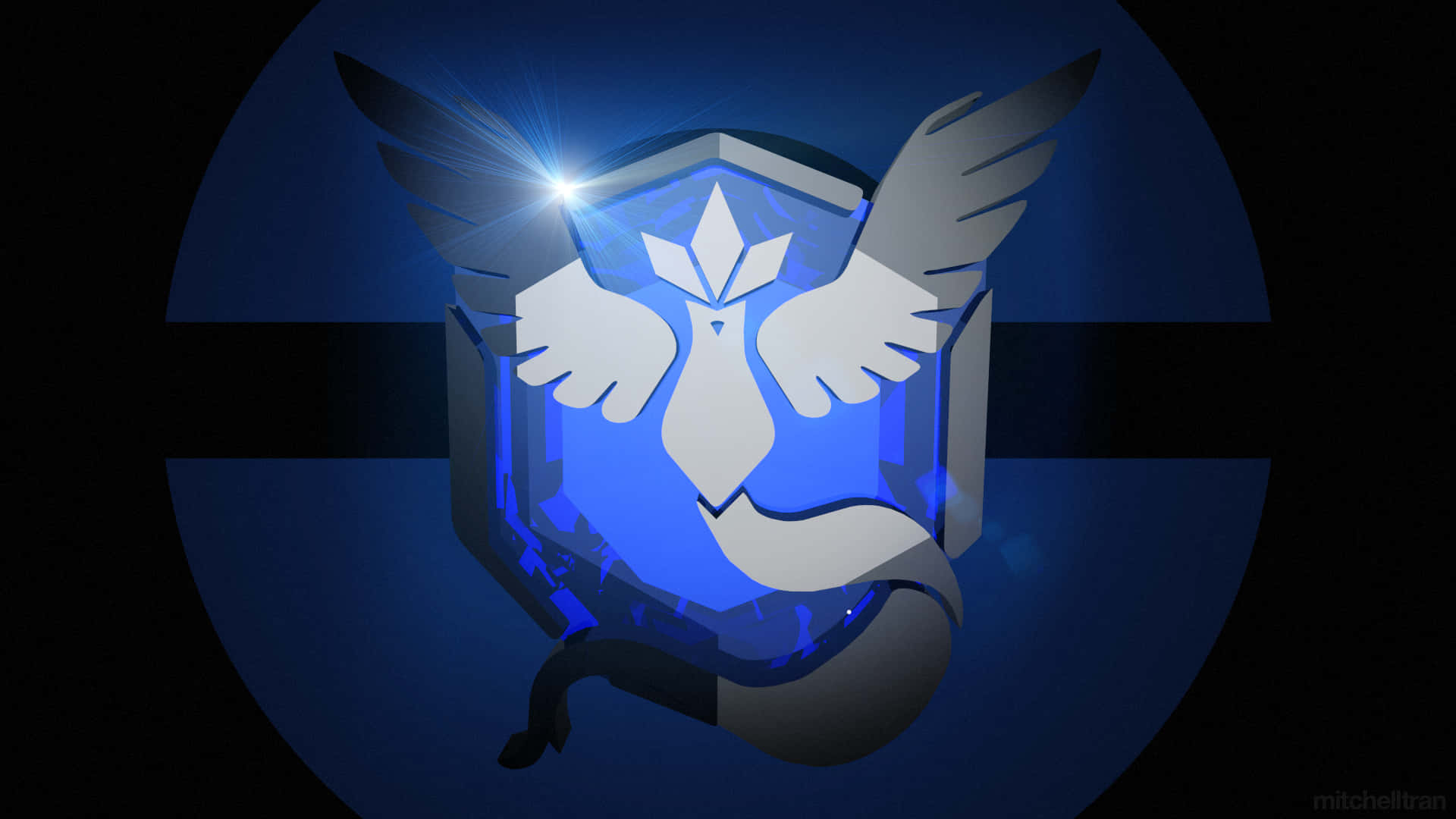 Team Mystic 桌布 壁紙 — 一個發光的藍色和銀色有翼鳥類徽章，從中央寶石散發出光芒，背景為深色圓形。