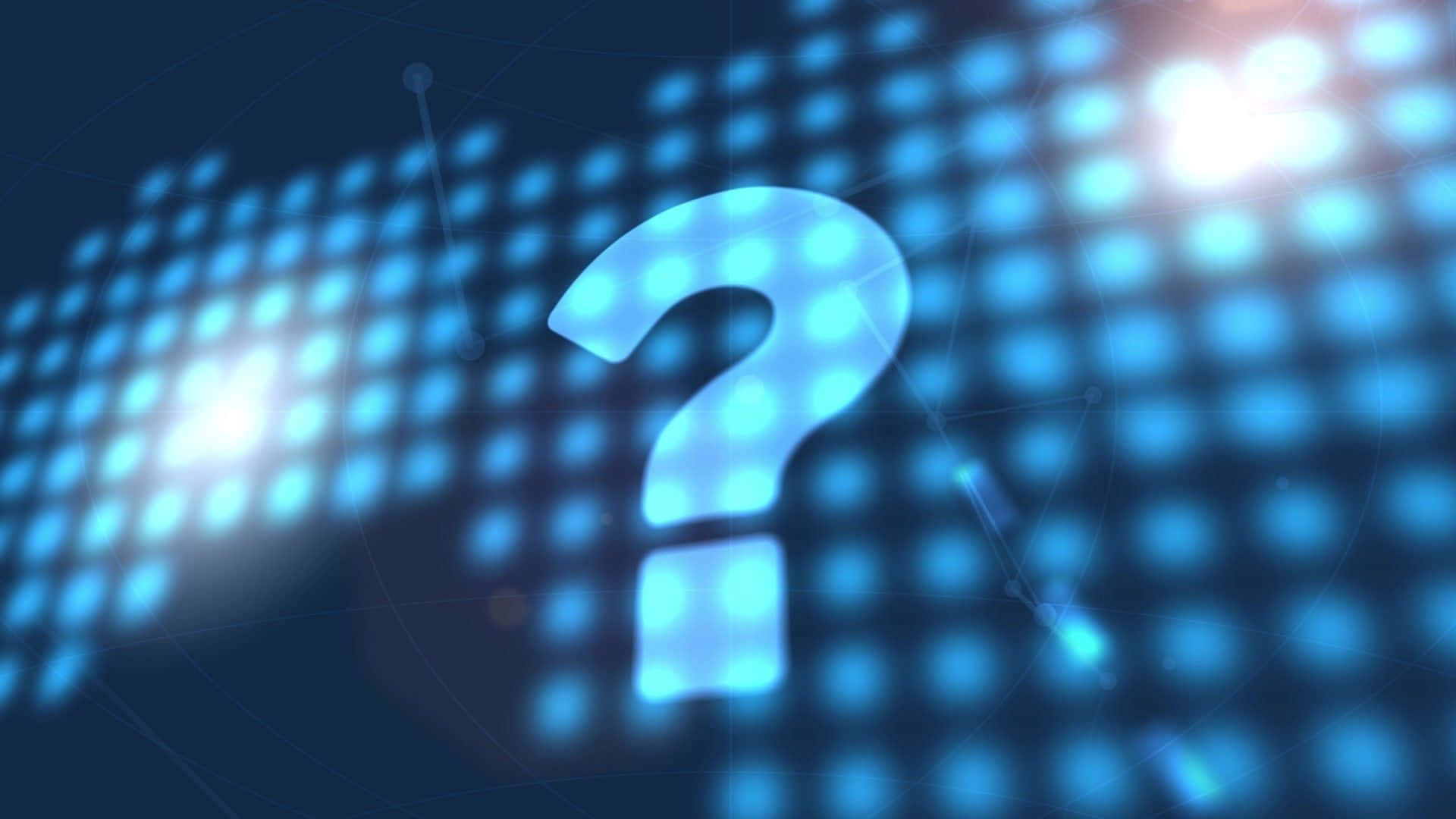 Question Mark 桌布 壁紙 — 一個發光的藍色問號漂浮在明亮的數位燈光網格前，背景為深色。