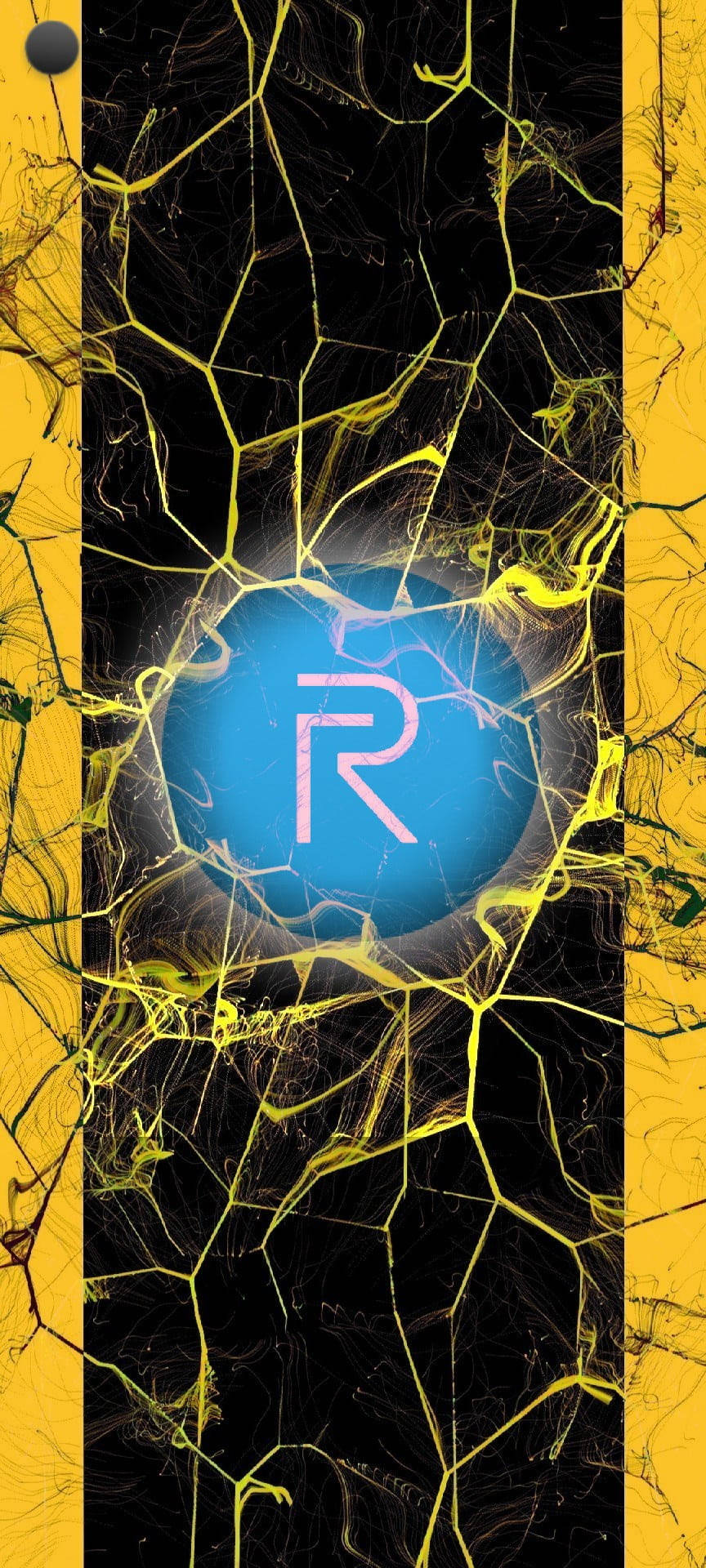  壁紙 — 一個發光的藍色圓圈，中心有一個粉紅色的「R」，在黑色背景上放射出電光黃色的碎形線條，並以大膽的黃色條紋框住。