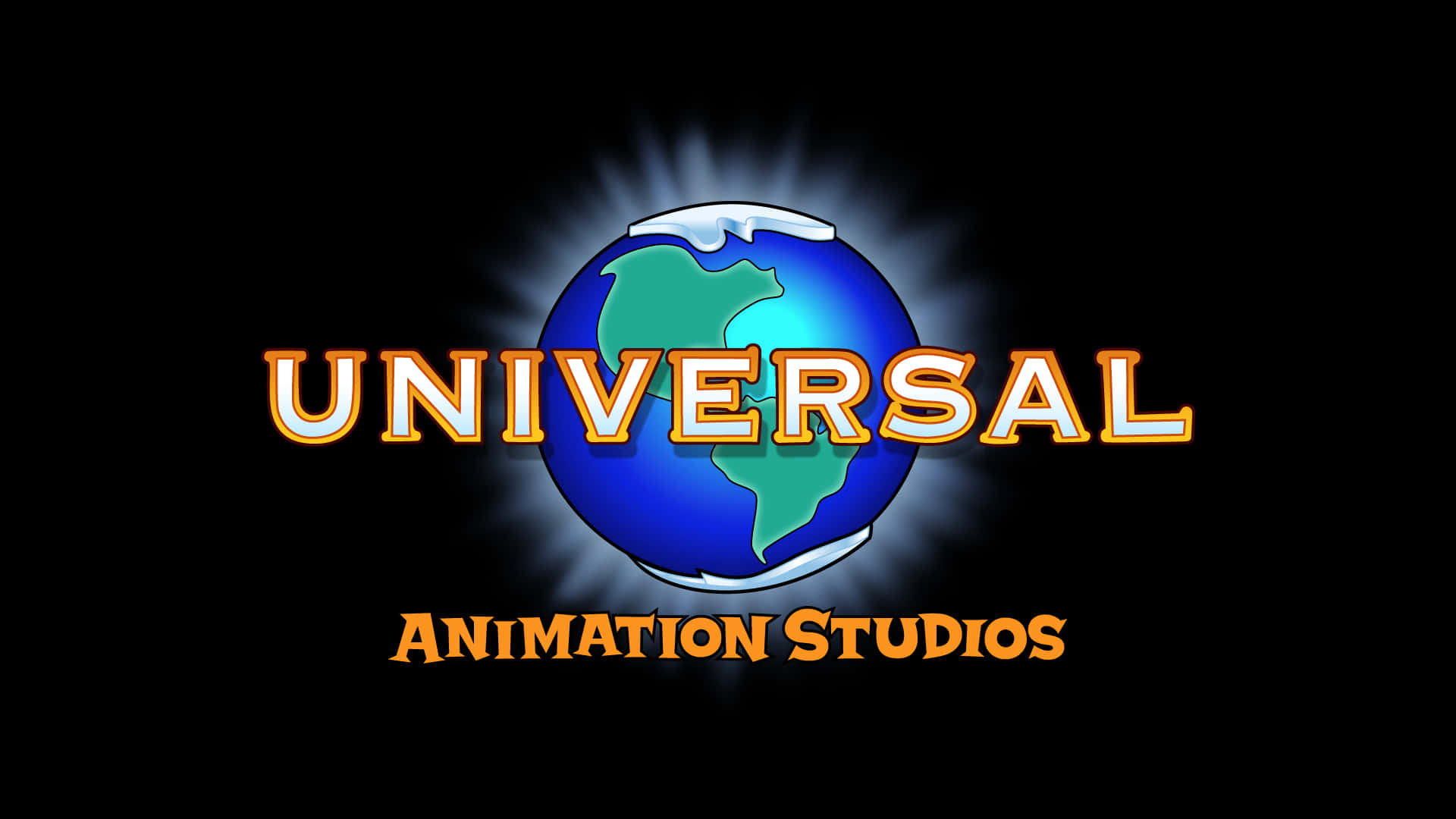 Universal 桌布 壁紙 — 一個發光的藍色地球儀，上面有綠色的大陸，位於粗體橙色文字「UNIVERSAL ANIMATION STUDIOS」後面，背景為黑色。