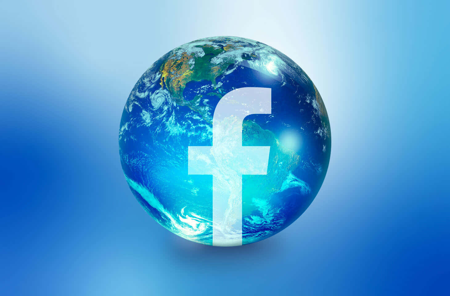 Facebook 桌布 壁紙 — 一個發光的藍色地球儀，表面疊加了一個大型白色Facebook標誌，背景為漸變藍色。