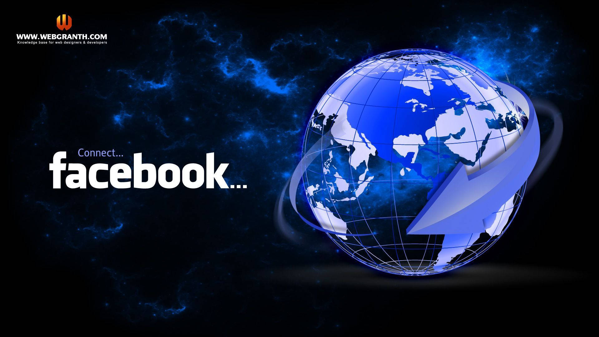 Facebook 桌布 壁紙 — 一個發光的藍色地球儀，被一個大箭頭環繞，背景是宇宙黑暗背景，上面有facebook字樣。