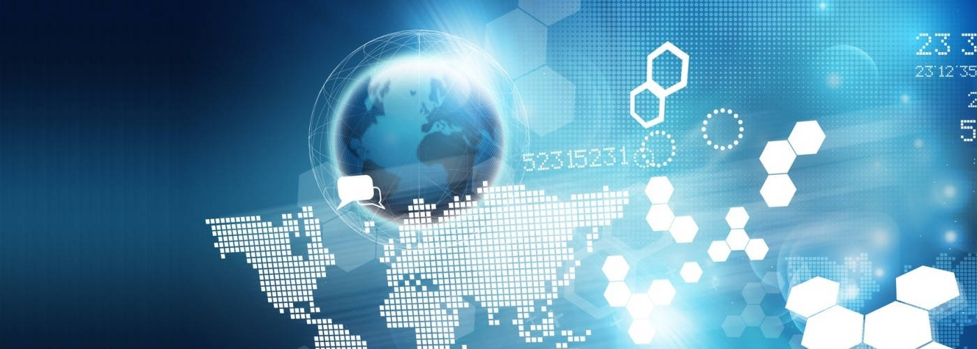 Internet 桌布 壁紙 — 一個發光的藍色地球儀漂浮在像素化世界地圖上方，周圍環繞著浮動的六邊形和數據流。