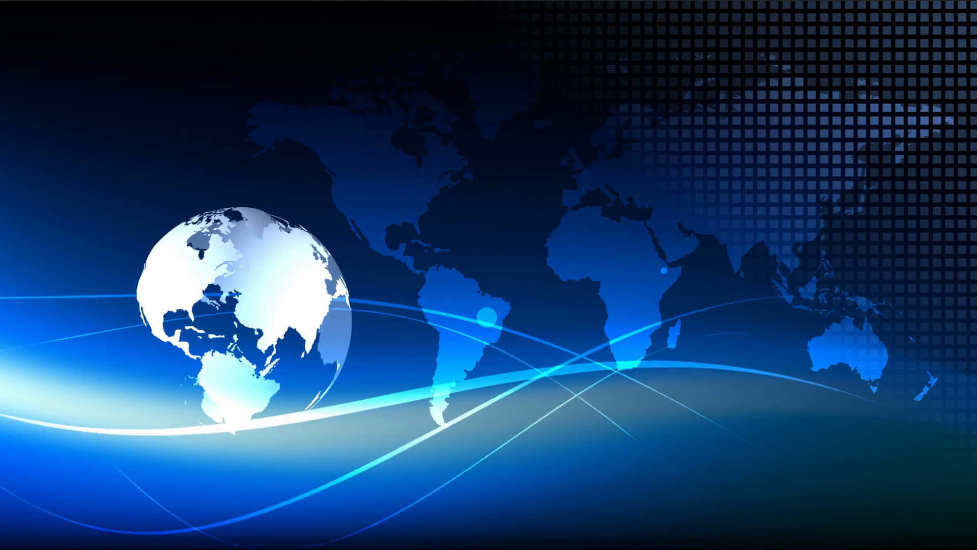 Global 桌布 壁紙 — 一個發光的藍色地球儀漂浮在數位世界地圖上，帶有流動的光跡，背景為深藍色漸變。