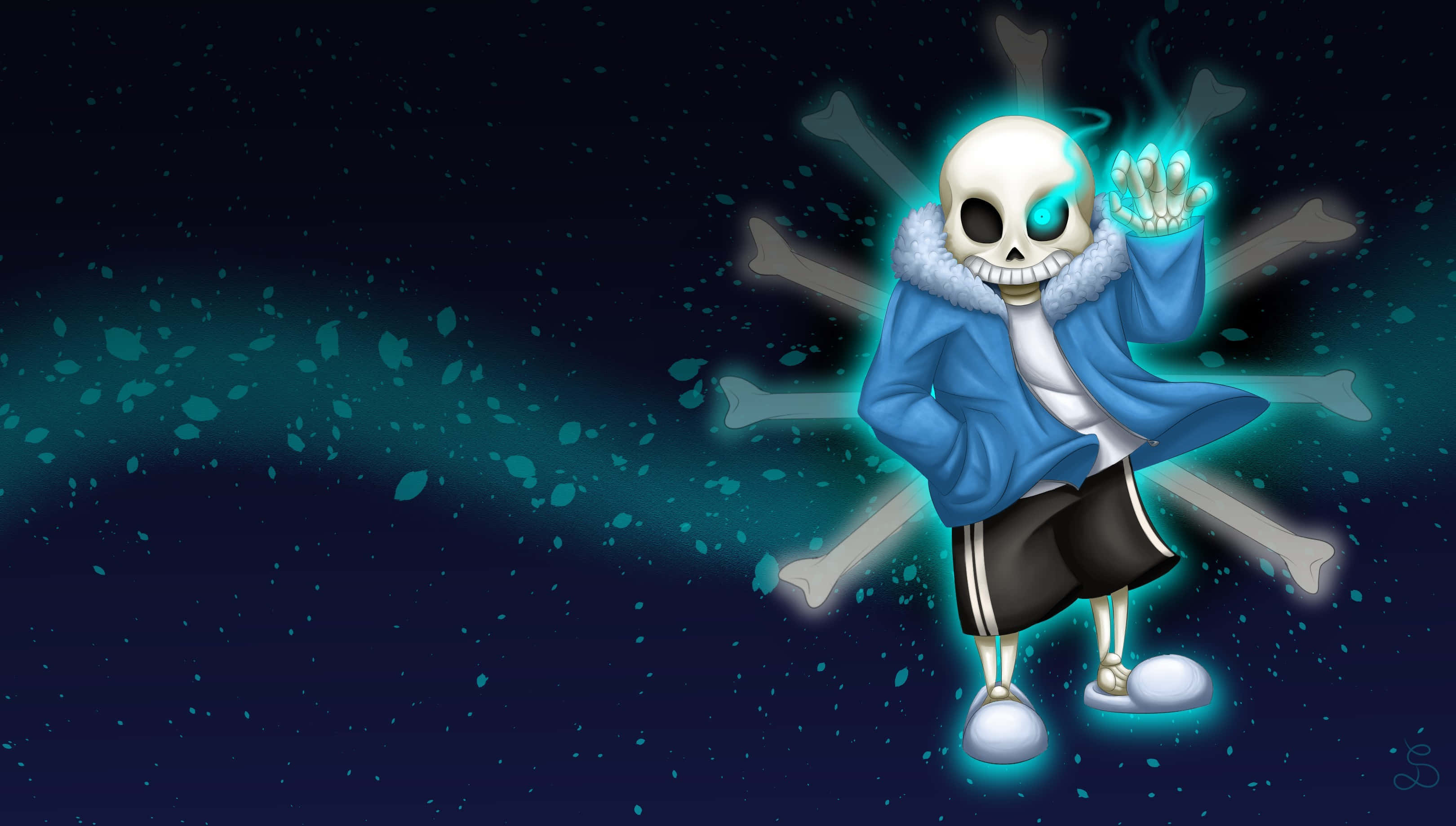 Undertale Desktop 桌布 壁紙 — 一個發光的藍色外套骷髏角色，有一隻發光的眼睛，在黑暗的宇宙背景中揮手，周圍漂浮著骨頭。