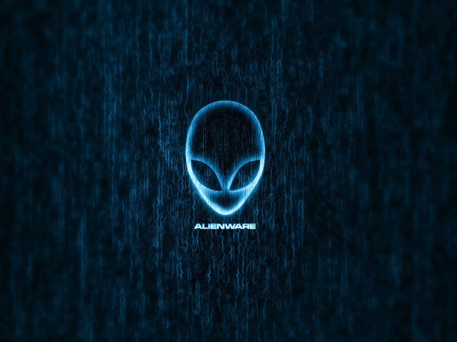 外星人 桌布 壁紙 — 一個發光的藍色外星人頭標誌漂浮在數位雨暴中，背景為深藍色。