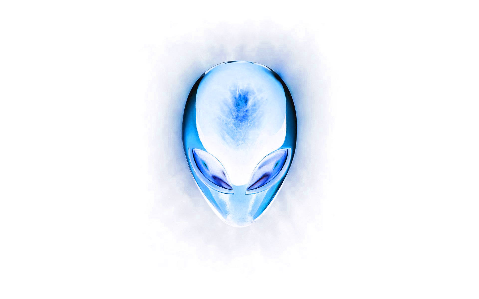 alienware default 桌布 壁紙 — 一個發光的藍色外星人頭部，有著大眼睛和光滑的前額，在純白背景上散發光芒。