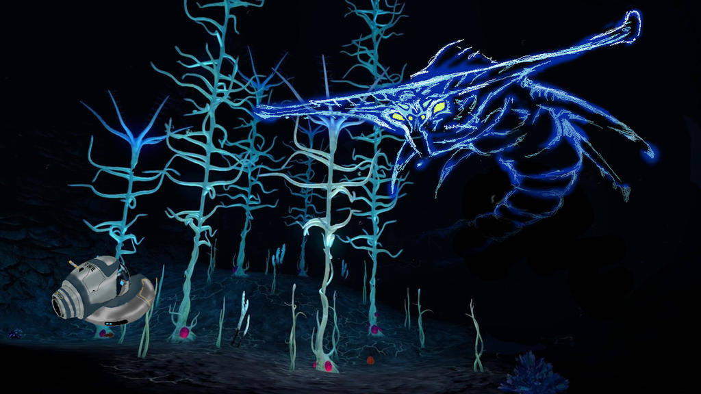 ghost leviathan 桌布 壁紙 — 一個發光的藍色外星生物，黃色眼睛，在黑暗的水下場景中盤旋在生物發光的珊瑚狀樹木上方。