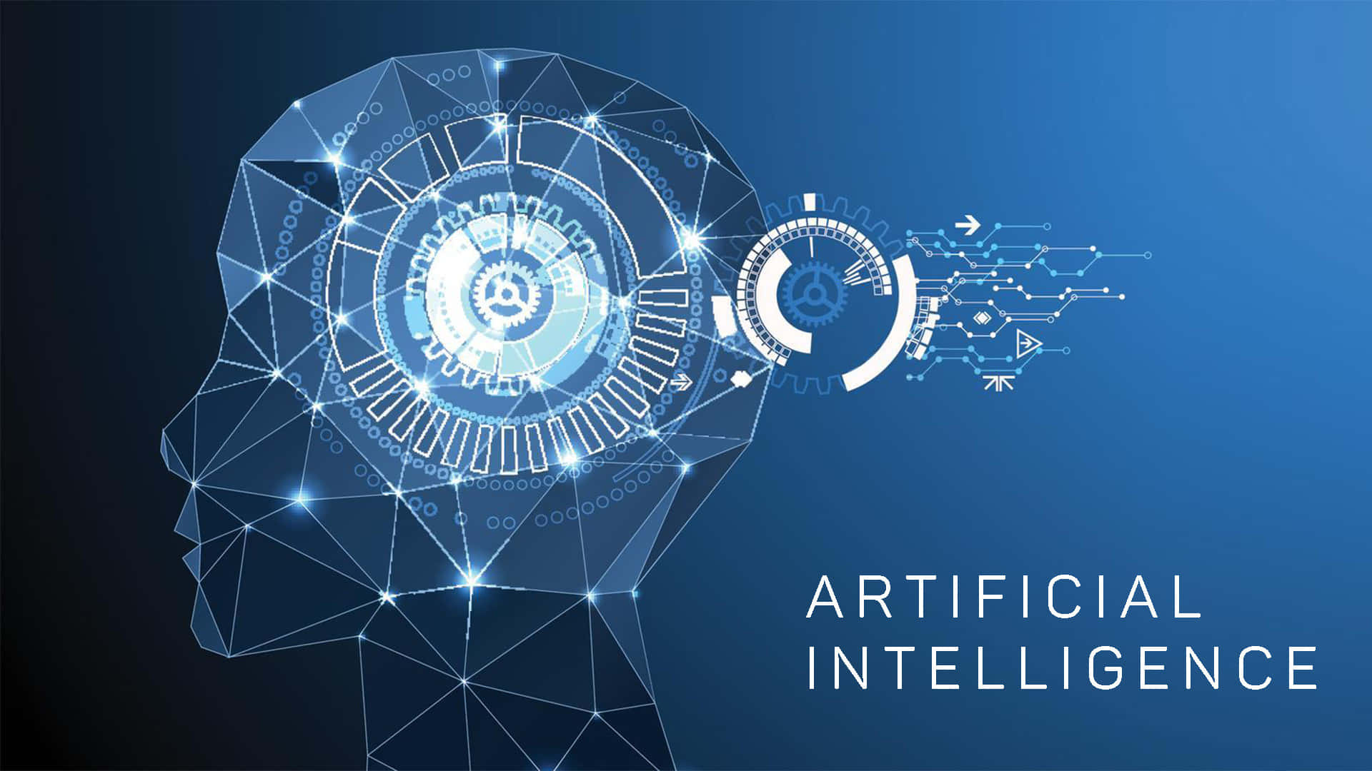 AI 桌布 壁紙 — 一個發光的藍色多邊形人頭剪影，內部有齒輪和電路，在漸變藍色背景上發出數據流。