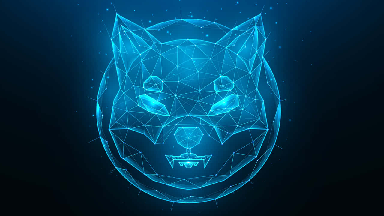 AI 桌布 壁紙 — 一個發光的藍色多邊形狐狸頭，帶有線框幾何結構，漂浮在黑暗的星空背景上。