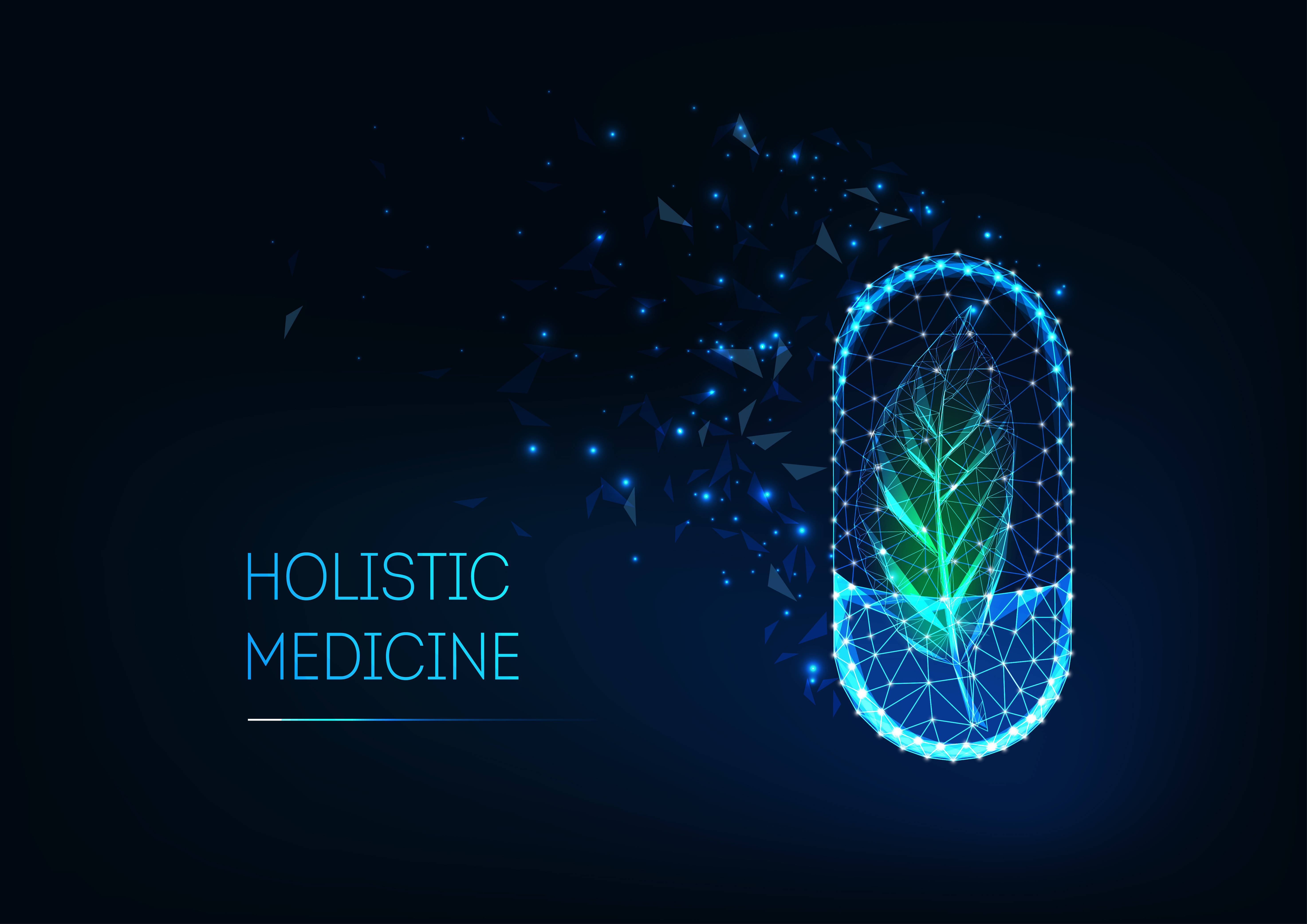 Holistic 桌布 壁紙 — 一個發光的藍色多邊形膠囊，內含一片綠色葉子，在深色背景上散發數位粒子，並帶有 'holistic medicine' 文字。