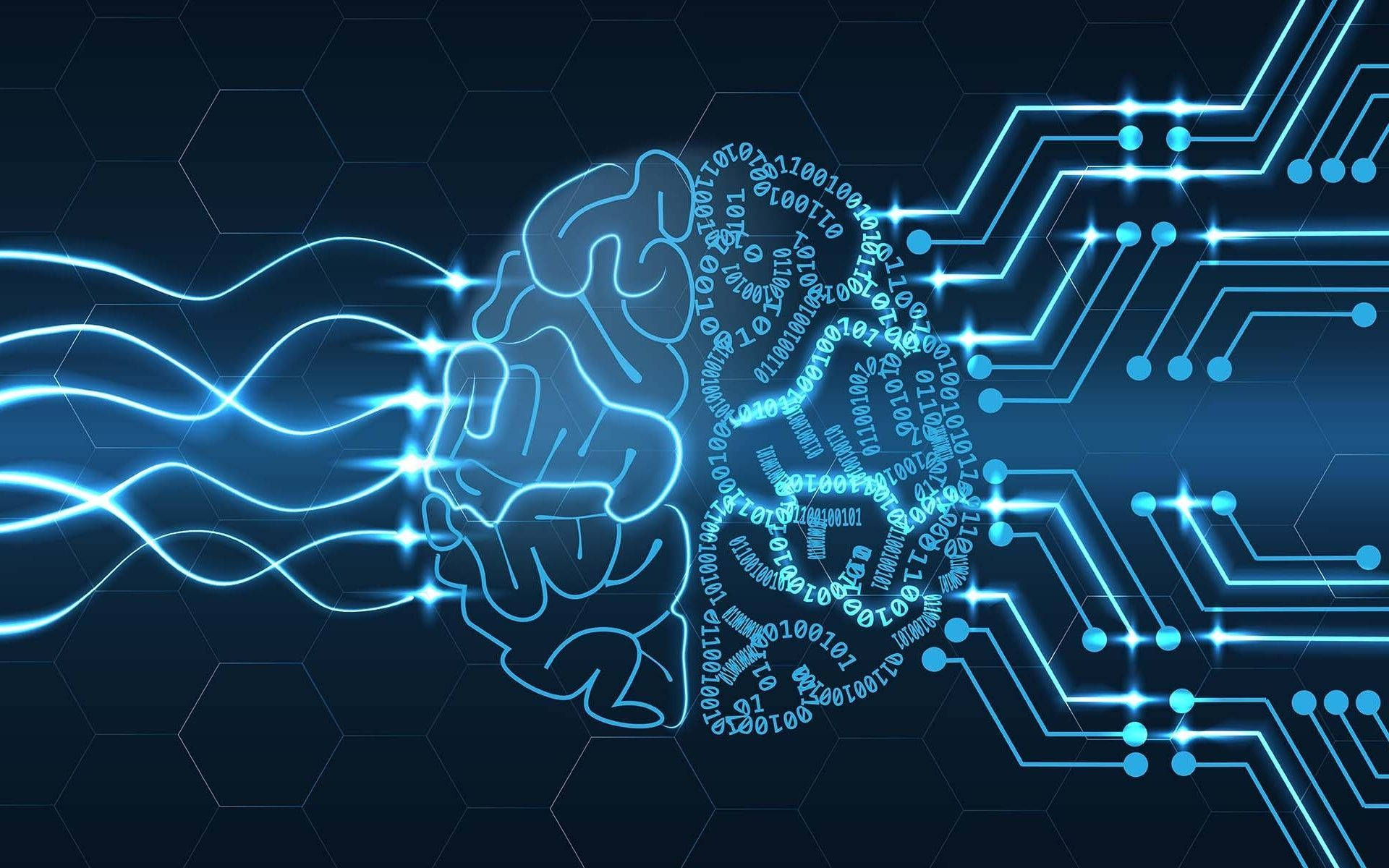 Blockchain 桌布 壁紙 — 一個發光的藍色大腦在深色六邊形背景下將數據流和二進制代碼發射到未來電路板上。