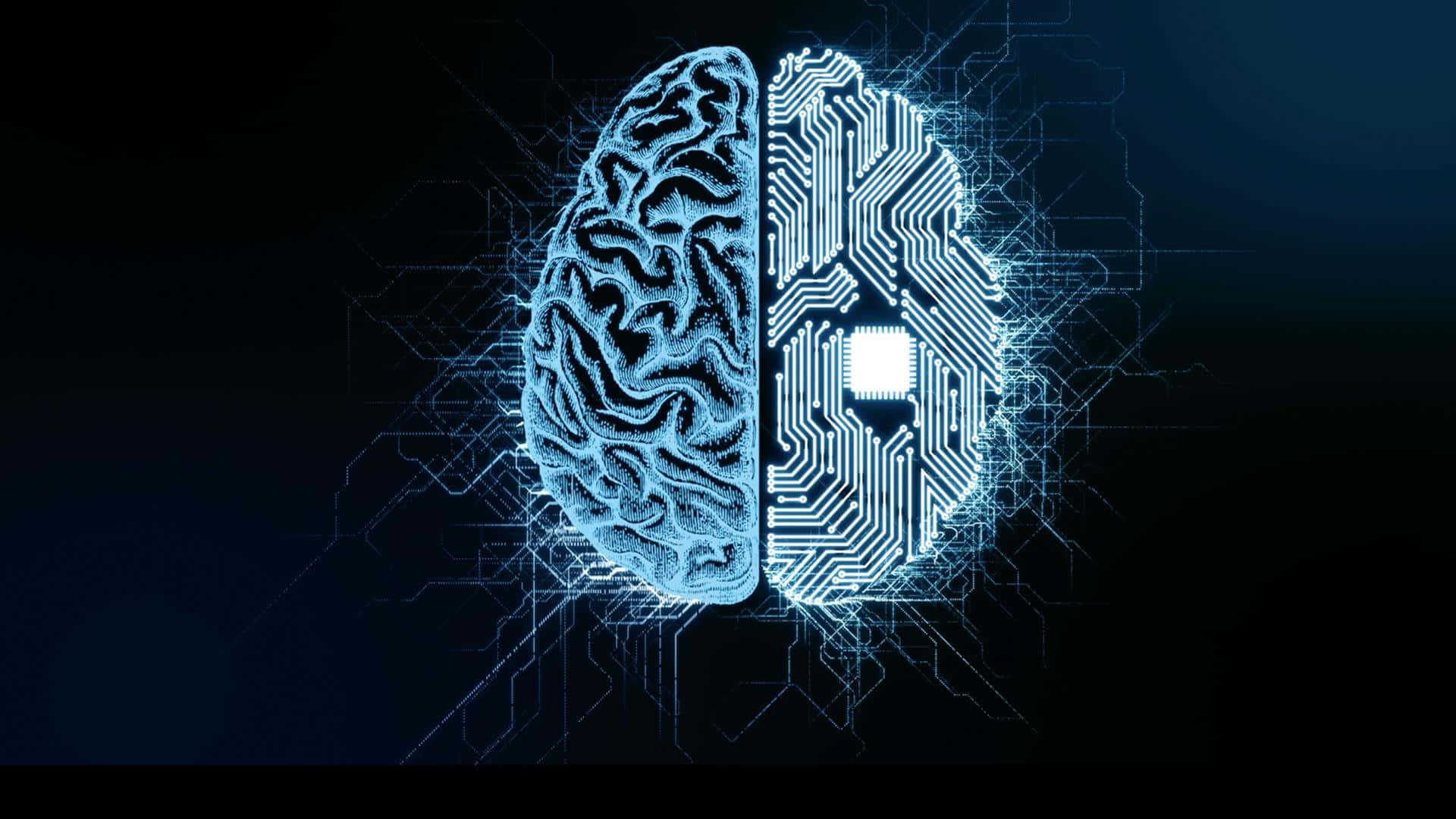 AI 桌布 壁紙 — 一個發光的藍色大腦從中間分裂，左側為有機組織，右側為電路板，背景為深色。