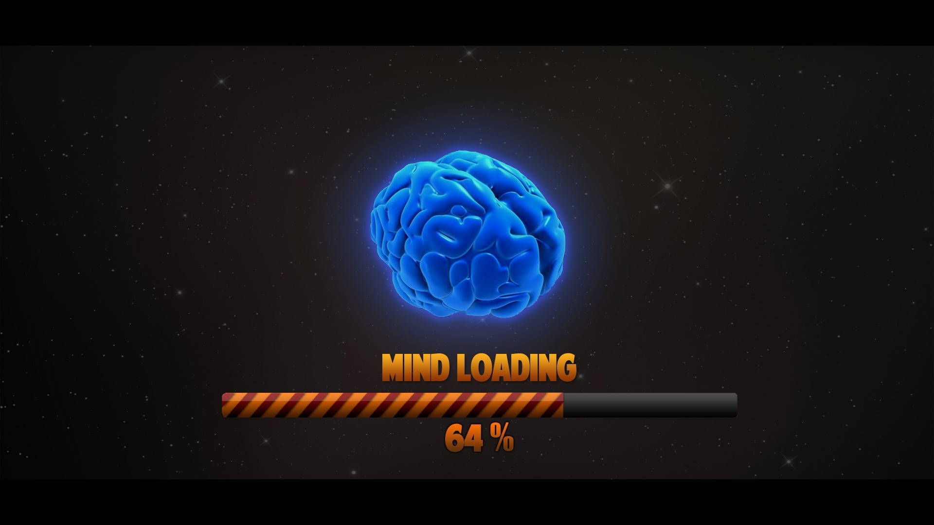 Loading 桌布 壁紙 — 一個發光的藍色大腦漂浮在星空之上，位於一個標示為「mind loading」且進度為64%的載入條上方。