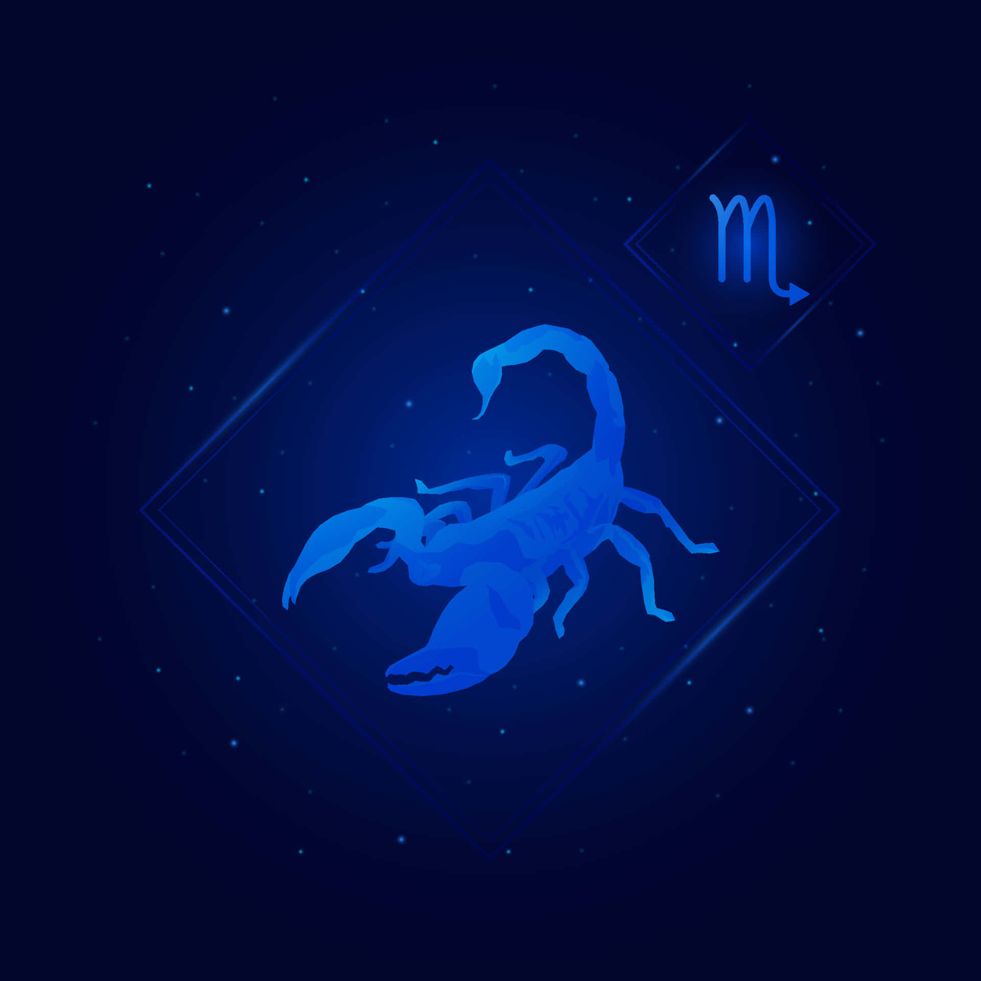Scorpio 桌布 壁紙 — 一個發光的藍色天蠍座星座符號，位於鑽石框架中央，背景是星空夜空。