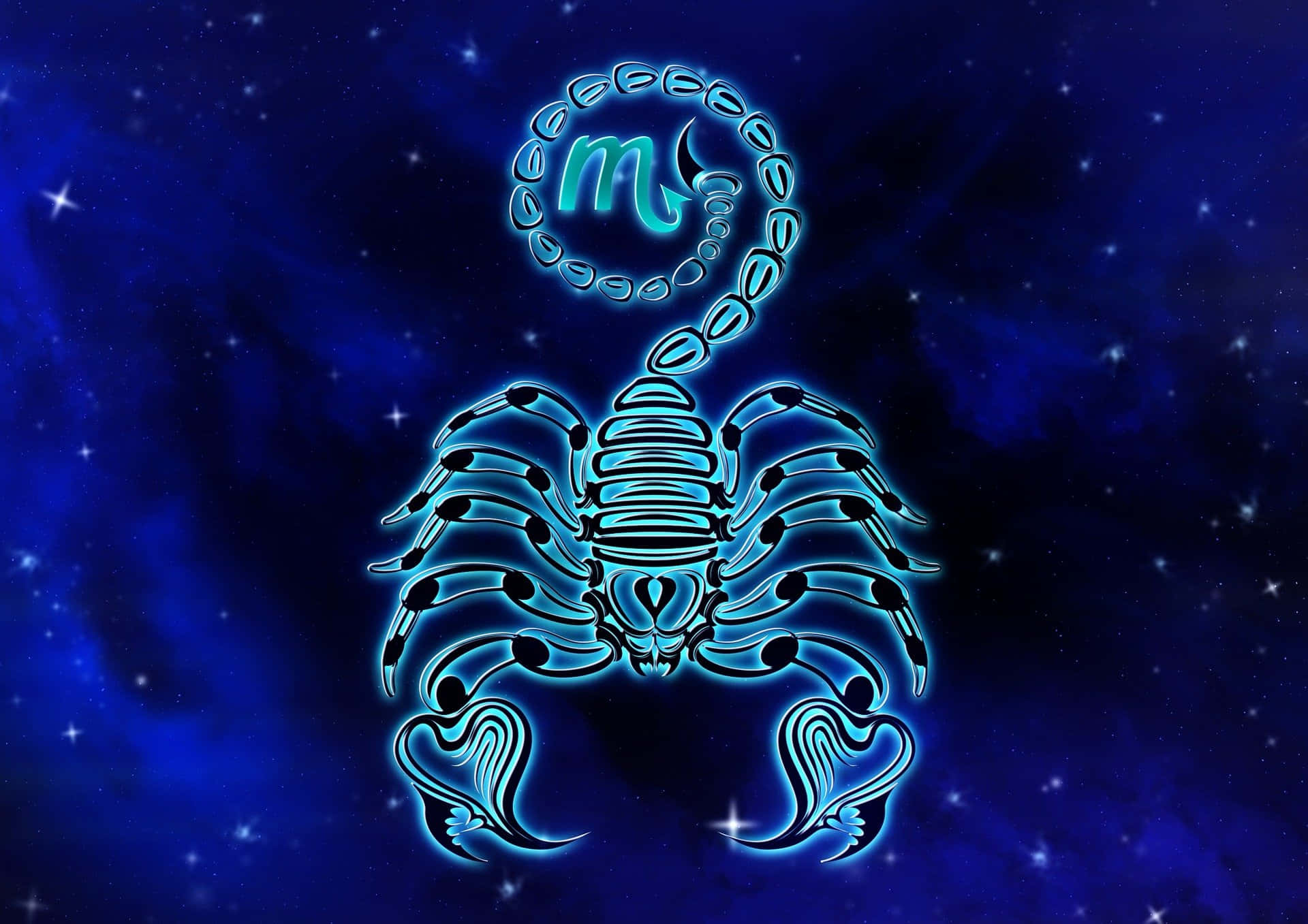 Zodiac Sign 桌布 壁紙 — 一個發光的藍色天蠍座星座符號，帶有新月光環，漂浮在繁星點點的宇宙夜空上。