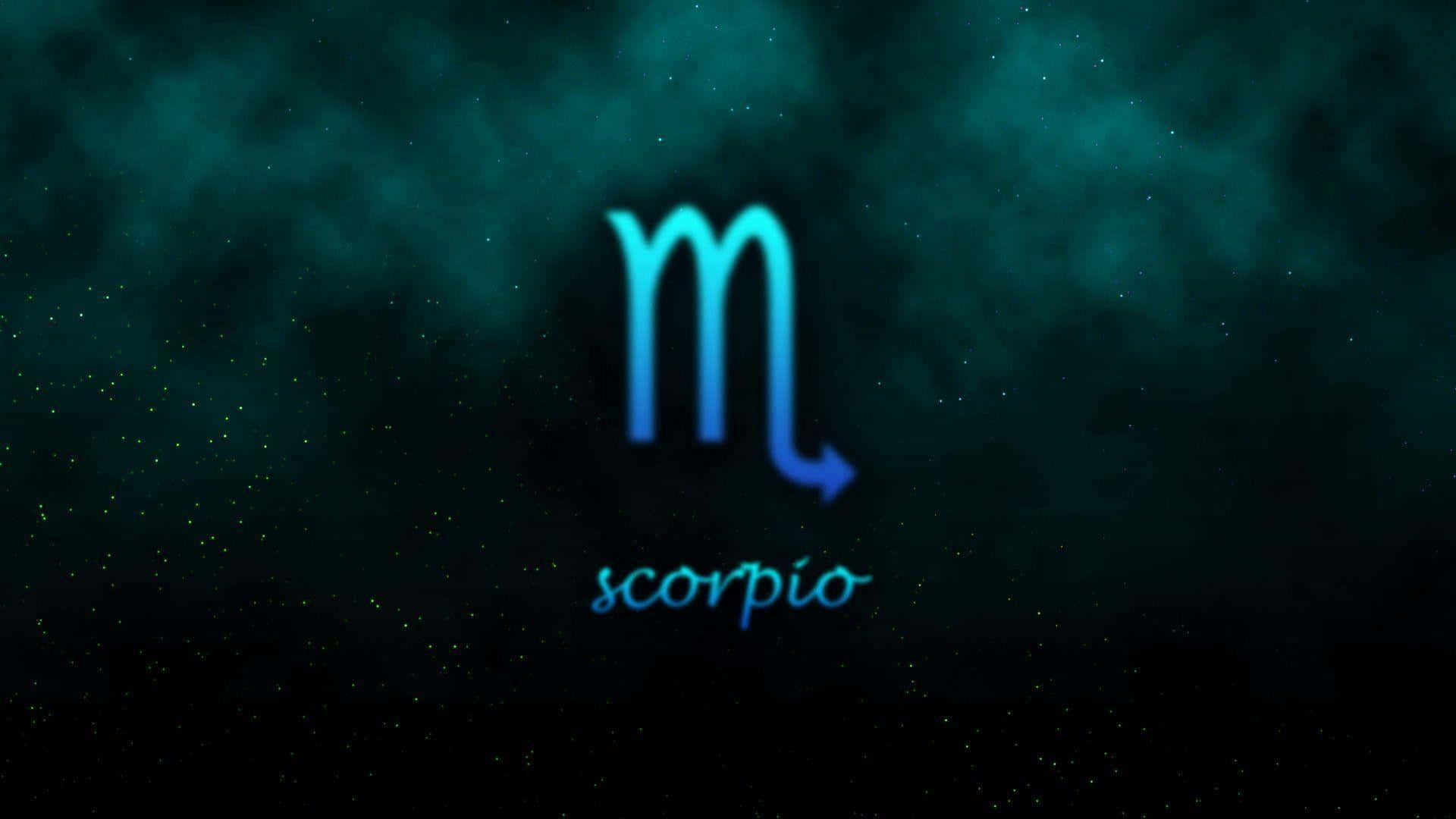 Scorpio 桌布 壁紙 — 一個發光的藍色天蠍座星座符號漂浮在點綴著星星的深藍綠色宇宙背景上。
