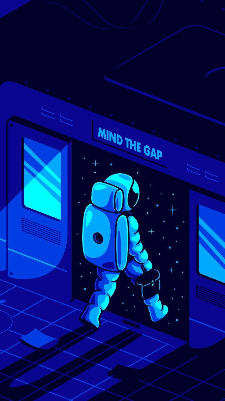 astronaut aesthetic 桌布 壁紙 — 一個發光的藍色太空人在夜晚踏上地鐵列車，上方有「MIND THE GAP」標誌。