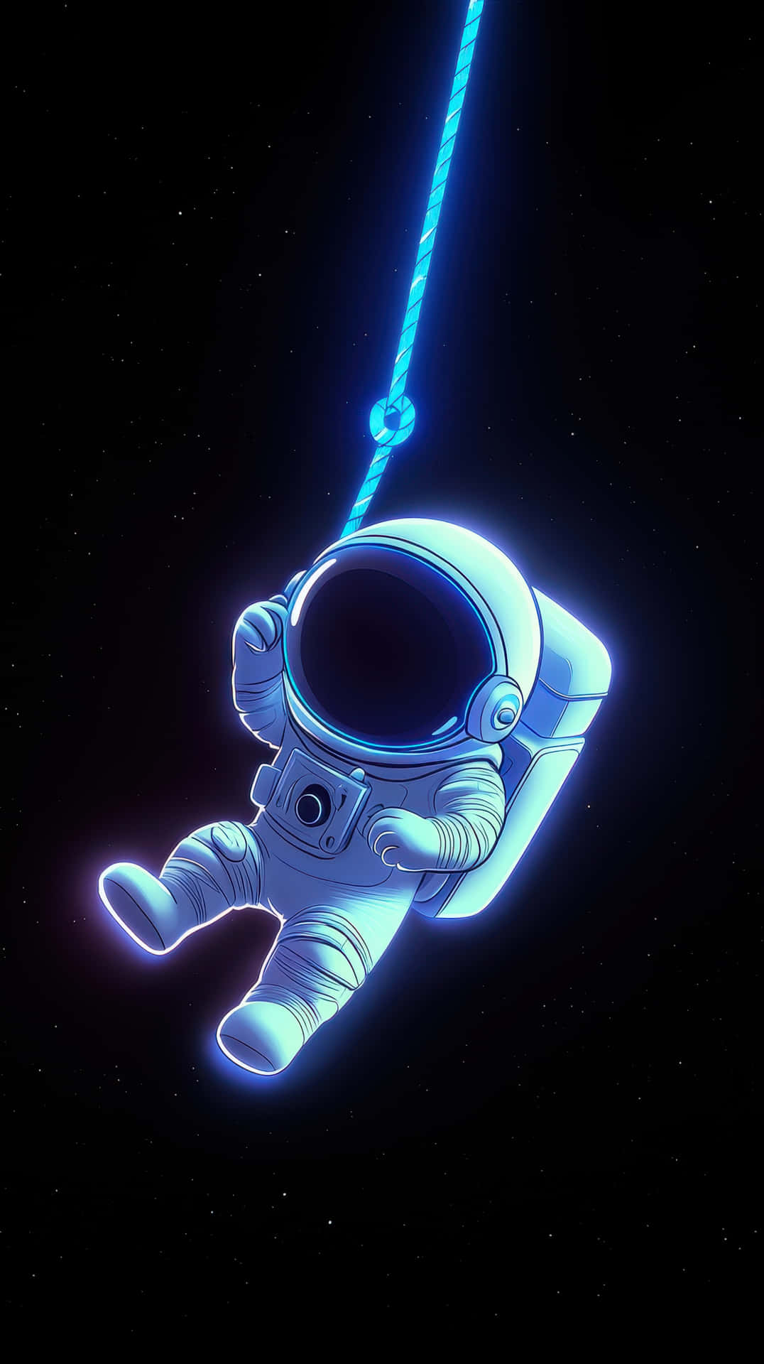 一個發光的藍色太空人漂浮在太空中，被一條繩索繫著，背景是佈滿星星的。 — 太空人 壁紙