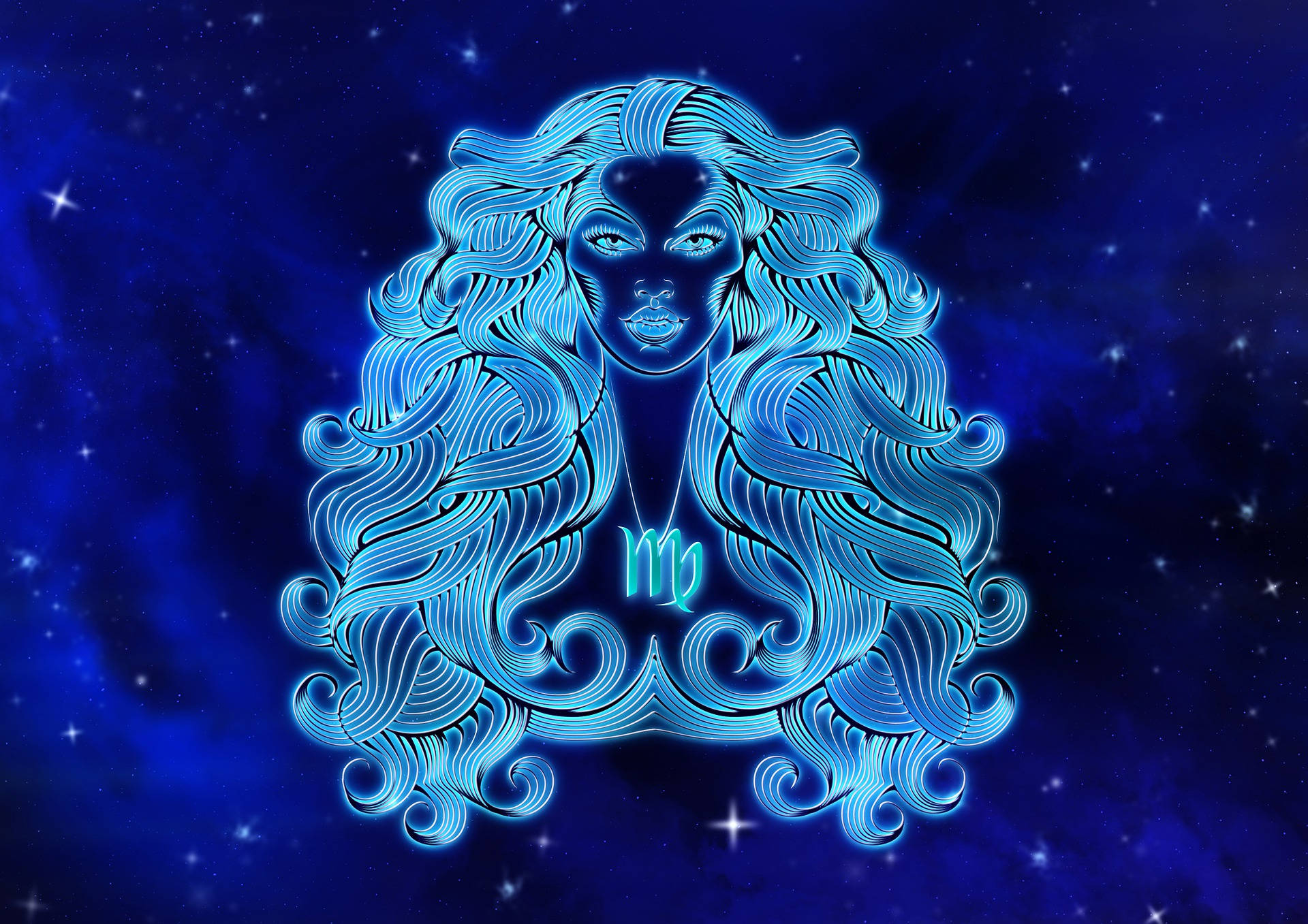 zodiac 桌布 壁紙 — 一個發光的藍色宇宙女性，擁有飄逸的頭髮和處女座符號，背景是繁星點點的夜空。