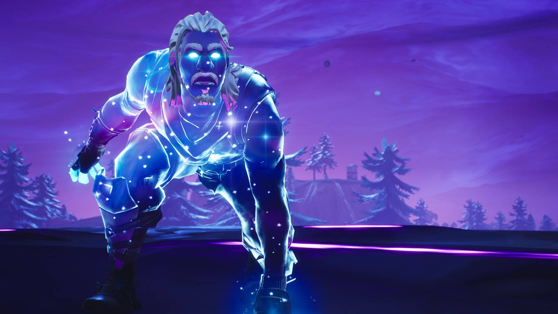 Fortnite 桌布 壁紙 — 一個發光的藍色宇宙戰士蹲在紫色的暮光森林中，星狀粒子在他周圍旋轉。