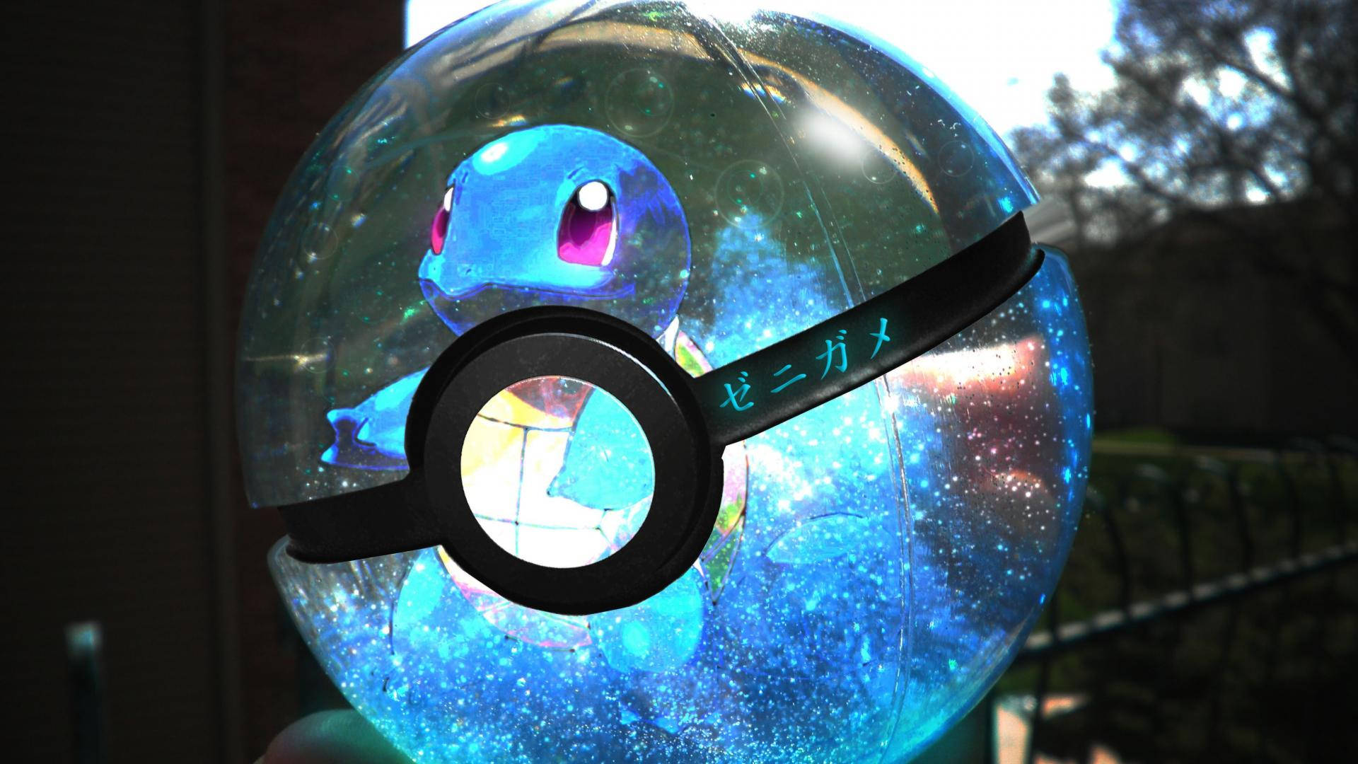 Squirtle 桌布 壁紙 — 一個發光的藍色寶貝球，裡面裝滿亮粉和一隻驚訝的傑尼龜，在戶外明亮的陽光下拿著。
