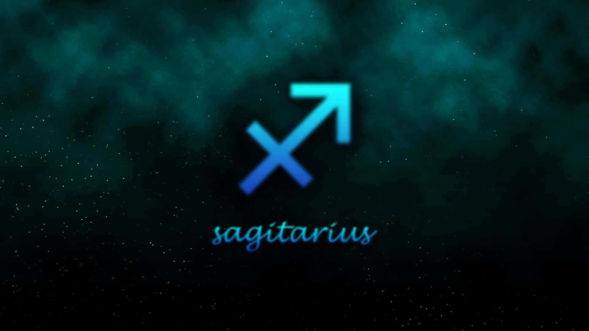 sagittarius 桌布 壁紙 — 一個發光的藍色射手座星座符號在深藍綠色星空宇宙背景中閃耀。