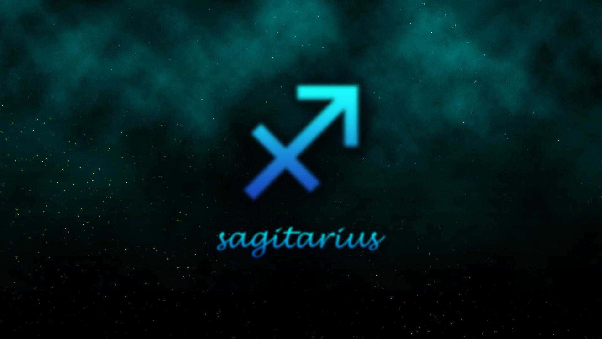 Sagittarius Aesthetic 桌布 壁紙 — 一個發光的藍色射手座星座符號在繁星點點的藍綠色宇宙背景中閃耀。