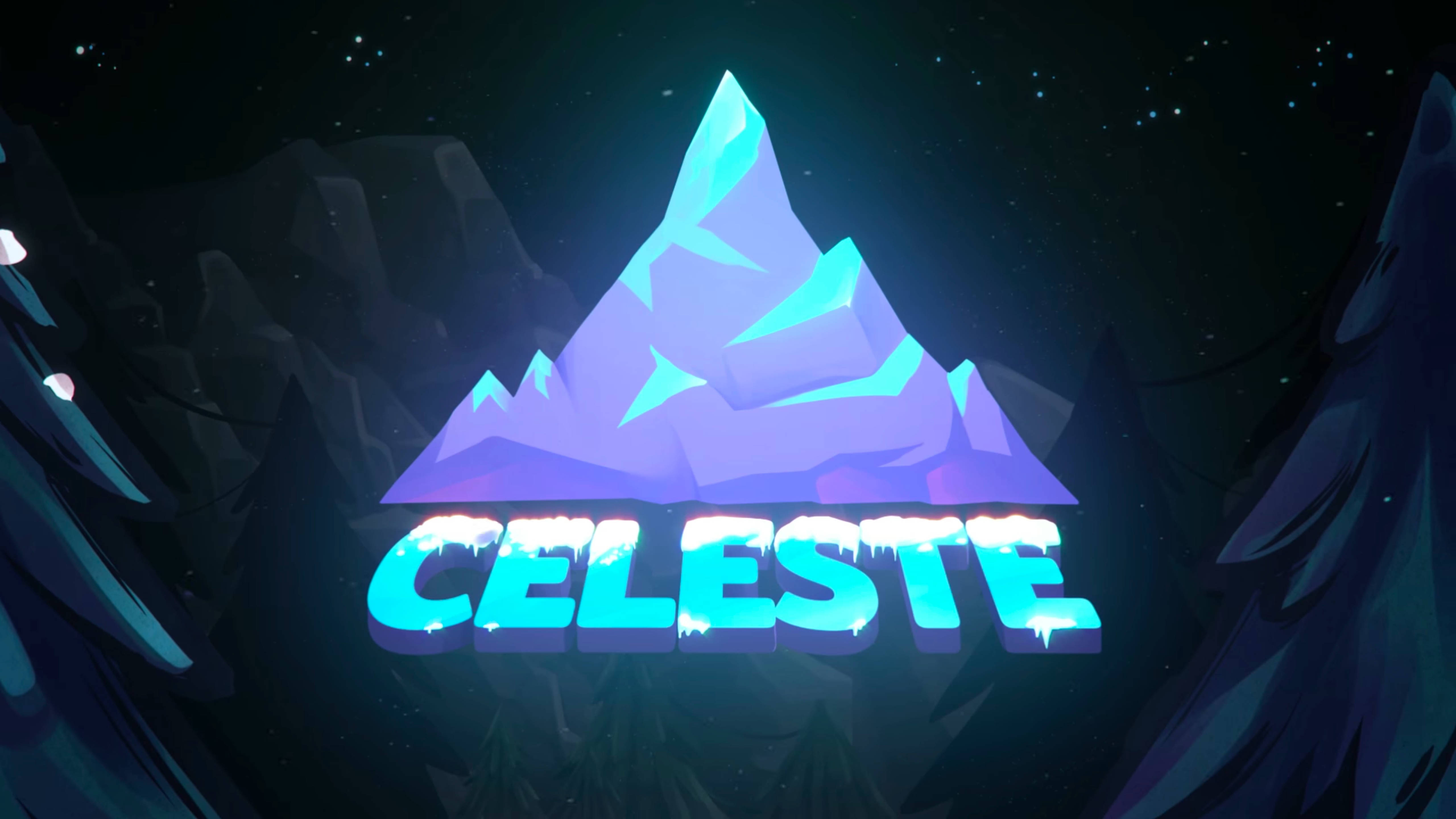 蔚藍 桌布 壁紙 — 一個發光的藍色山峰，上面有冰凍字體的 Celeste 字樣，背景是星空夜空。