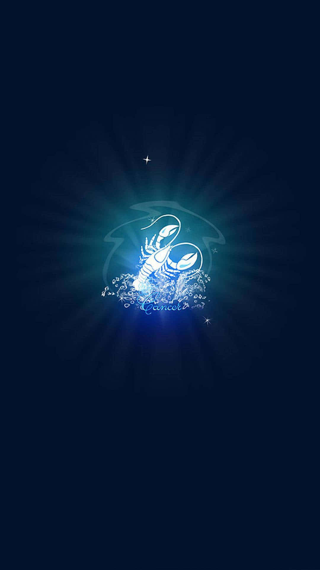 Scorpio 桌布 壁紙 — 一個發光的藍色巨蟹座符號在深海軍藍背景上散發光芒，帶有微妙的星爆效果。
