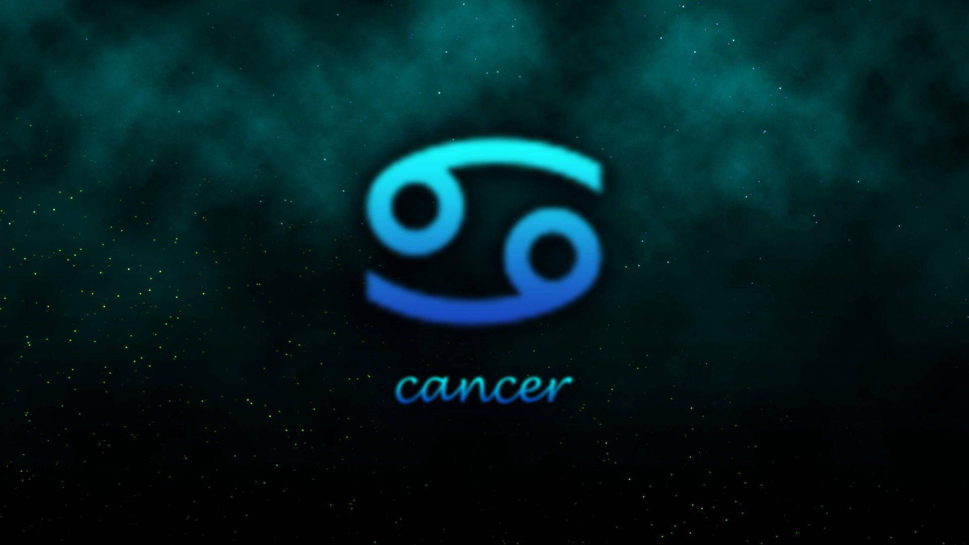 zodiac 桌布 壁紙 — 一個發光的藍色巨蟹座符號漂浮在深藍綠色、點綴著星星的宇宙背景上。
